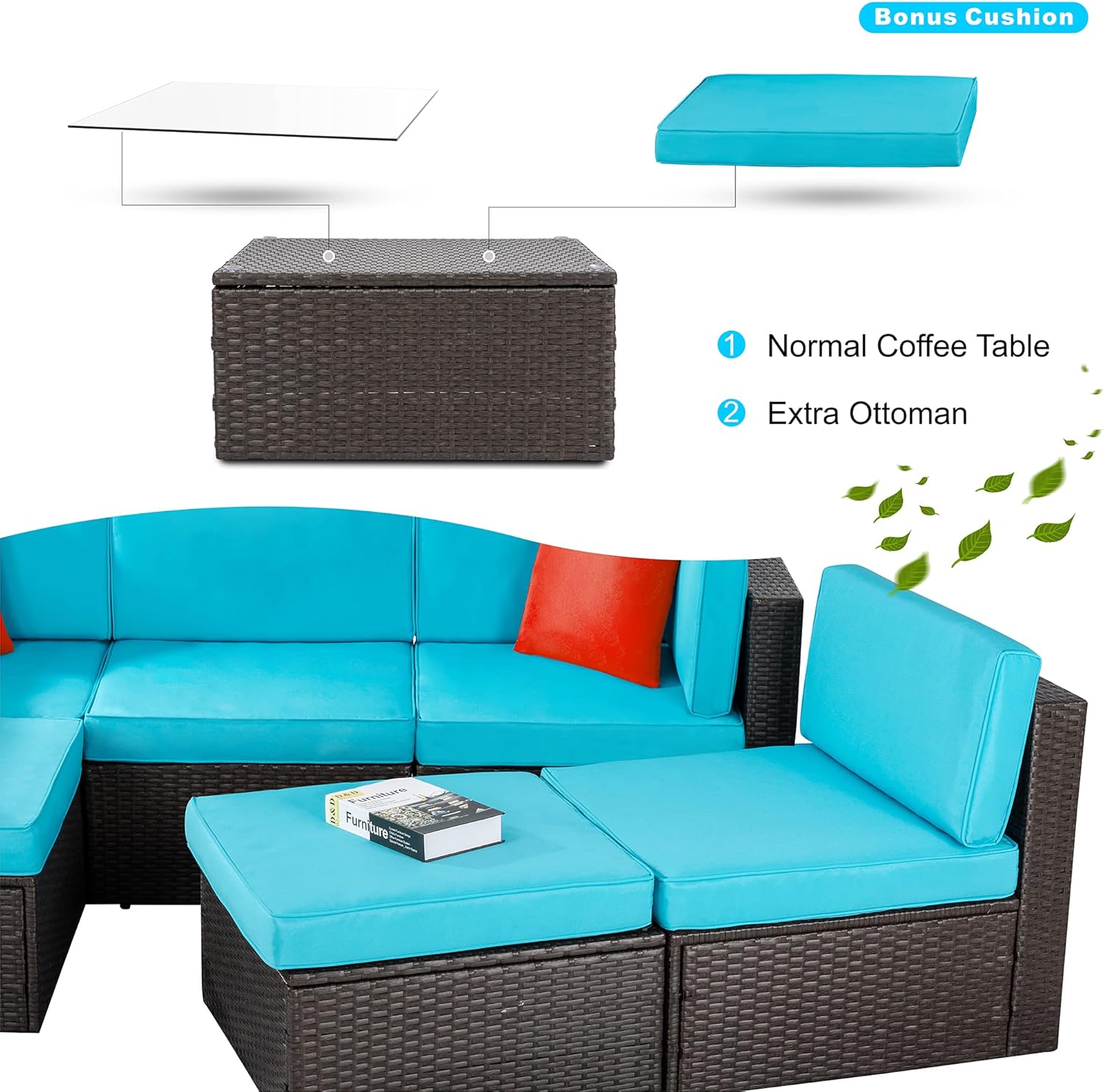5-Piece All-Weather Patio Furniture Set with Ottoman, Outdoor Wicker Conversation Sofa Set with Cushions for Garden, Deck & Backyard - Image 25