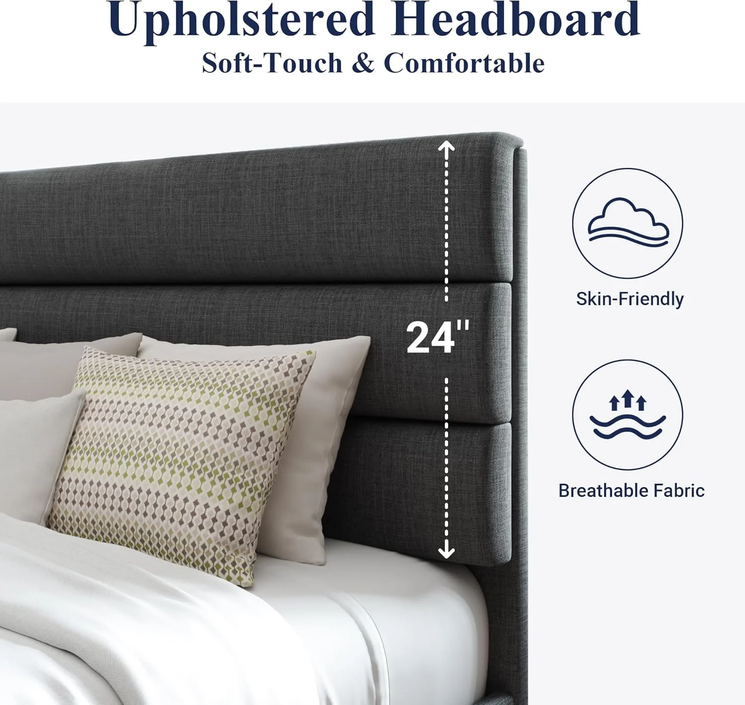 Queen Size Upholstered Platform Bed Frame, Dark Gray Fabric Bed with Headboard for Bedroom - Image 4