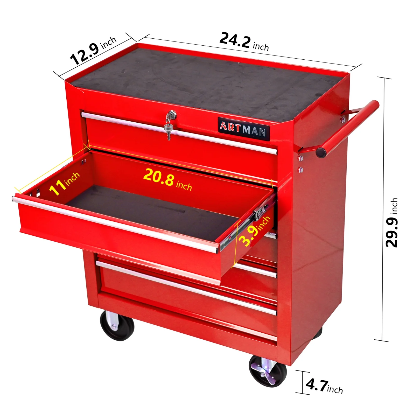 5-Drawer Rolling Tool Chest, Metal Tool Storage Organizer Cart with Locking System and Wheels, Multifunctional Mechanic Tool Cart for Garage, Warehouse, Workshop, Repair Shop, Red - Image 9