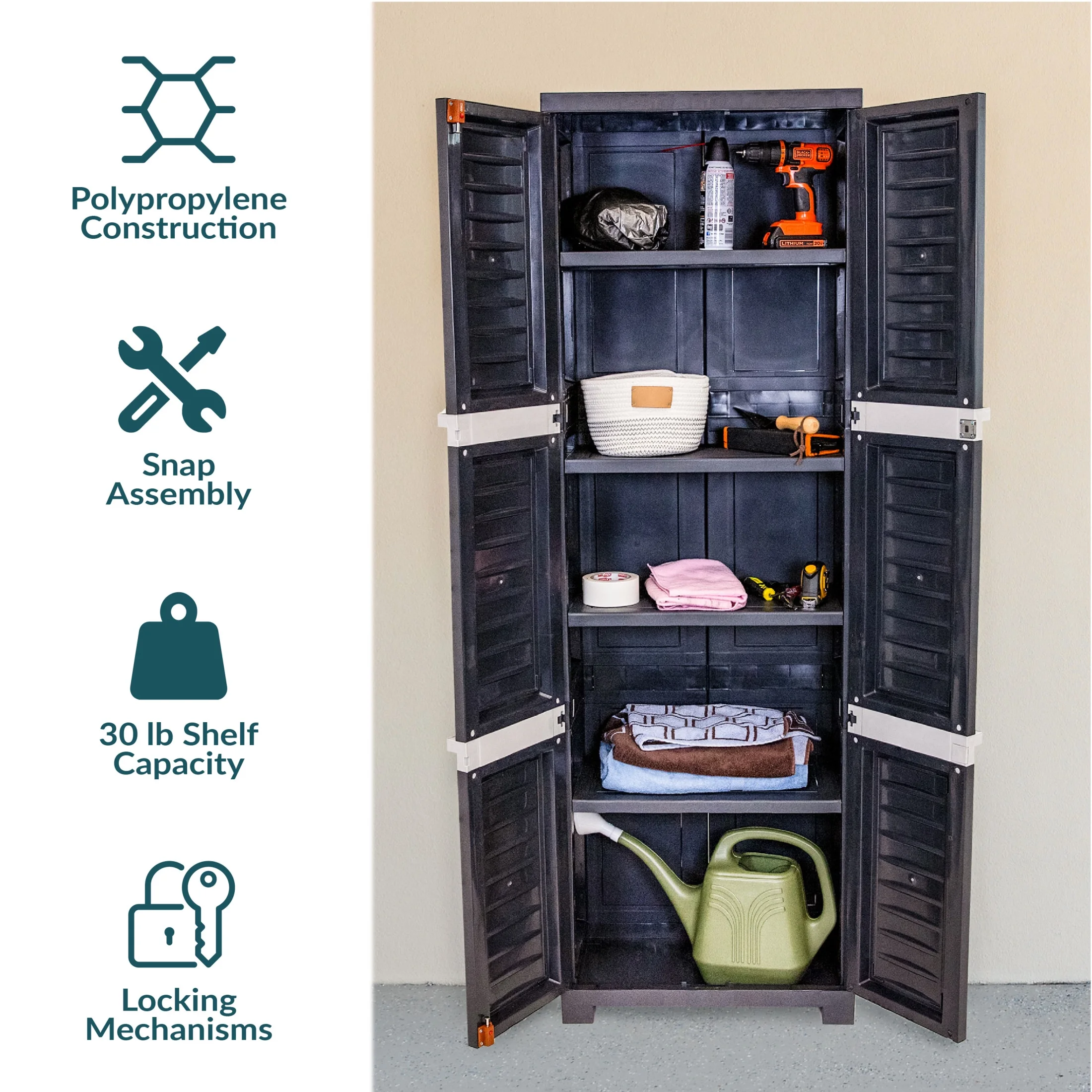 Sunnydaze Lockable Adjustable 72" Plastic 4-Shelf Freestanding Garage Storage Cabinet, Charcoal with Gray Trim - Image 13