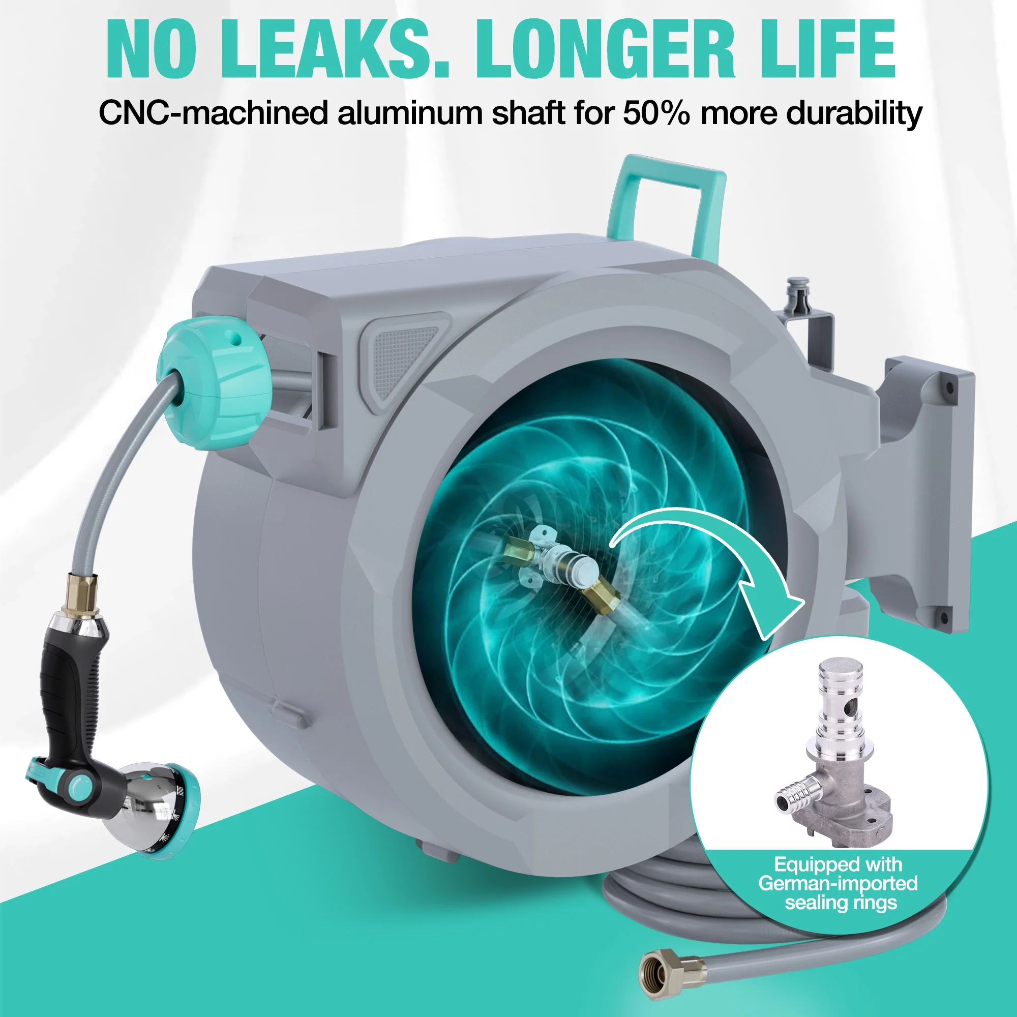 HAUSHOF 1/2" x 100 ft Retractable Garden Hose Reel with Automatic Rewind, 10-Pattern Spray Nozzle, Durable High-Pressure Hose, and 180- Swivel Bracket -C Perfect for Watering Gardens, Cleaning Patios - Image 3