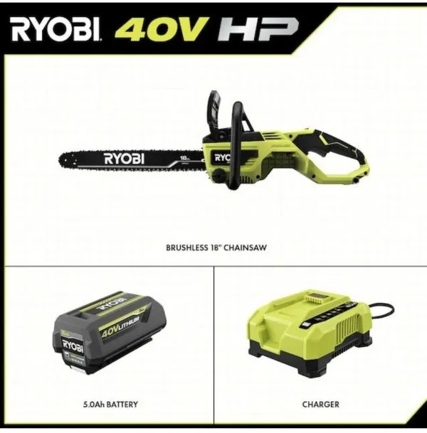 18 40V Cordless Chainsaw Kit with Battery& Charger, Green - Image 2