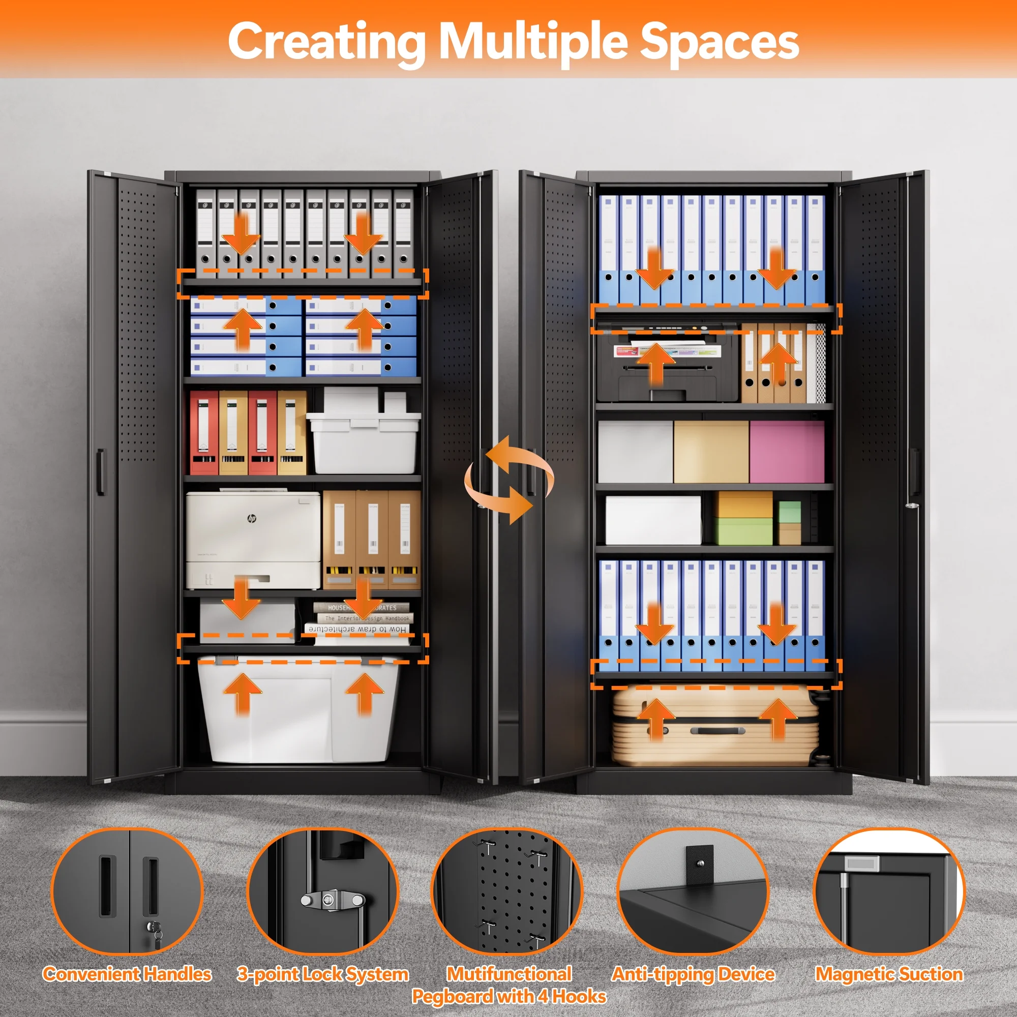 Aobabo Metal Storage Cabinet with Lock & Pegboard,Garage Storage Cabinet with 5 Adjustable Shelves,Tool Storage Cabinets for Home Office Garage,Assembly Required,Black - Image 67