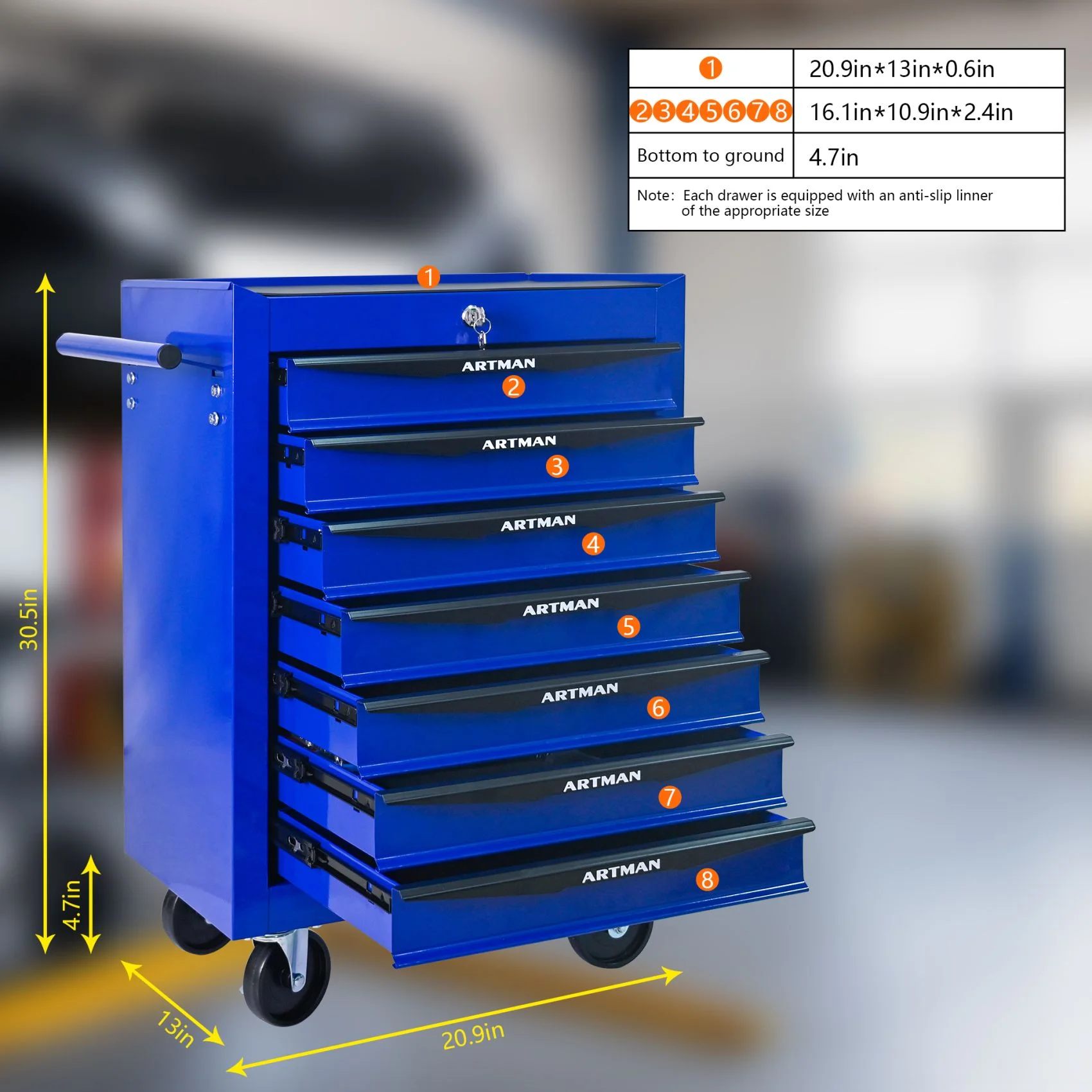 FARONZE Rolling Metal Tool Chest with 7 Drawers, 20" Steel Storage Cabinet with Ball Bearing Slides, Black and Blue Finish - Image 7