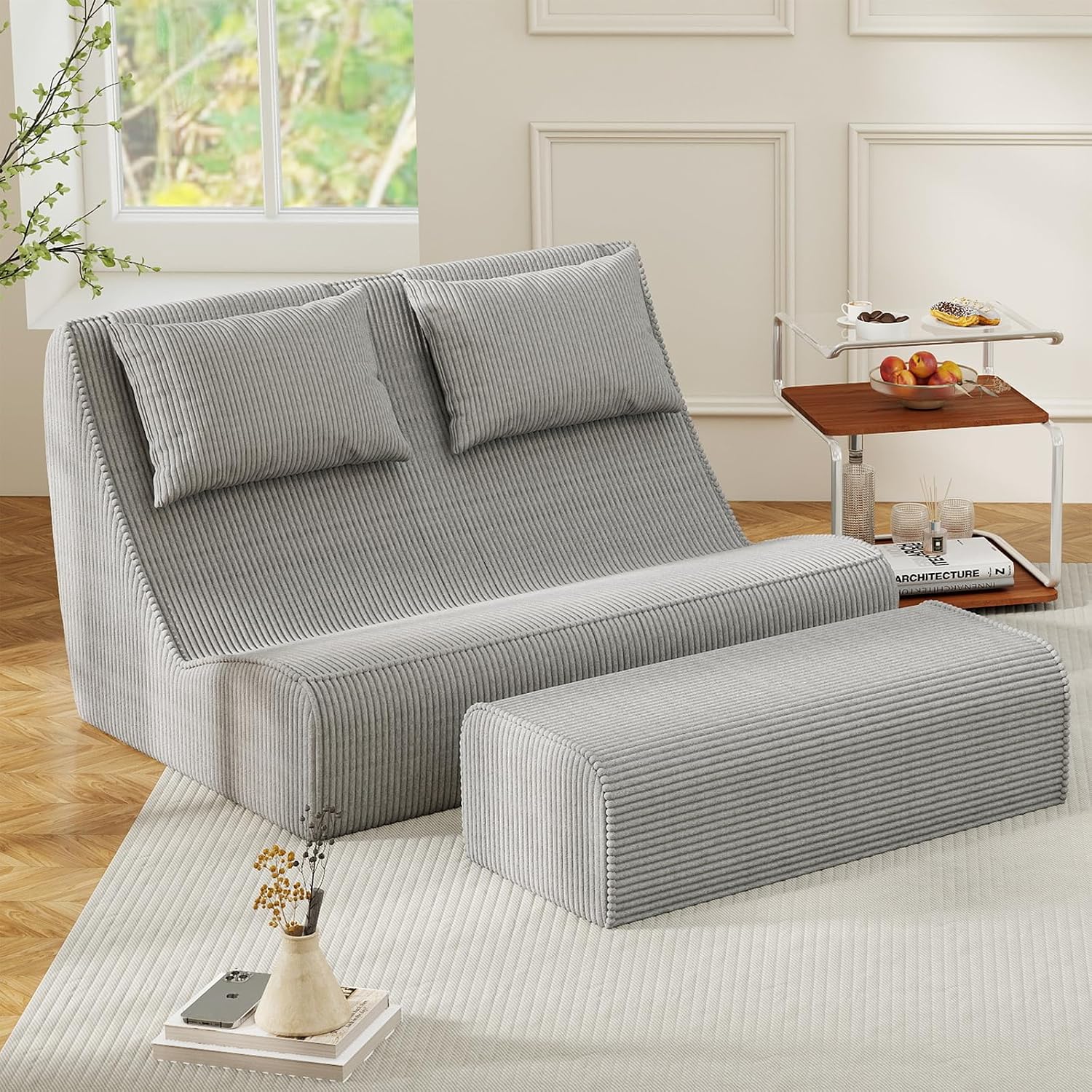 Loveseat Floor Sofa with Ottoman, Frameless 2-Seater Deep Seat Couch - Image 11