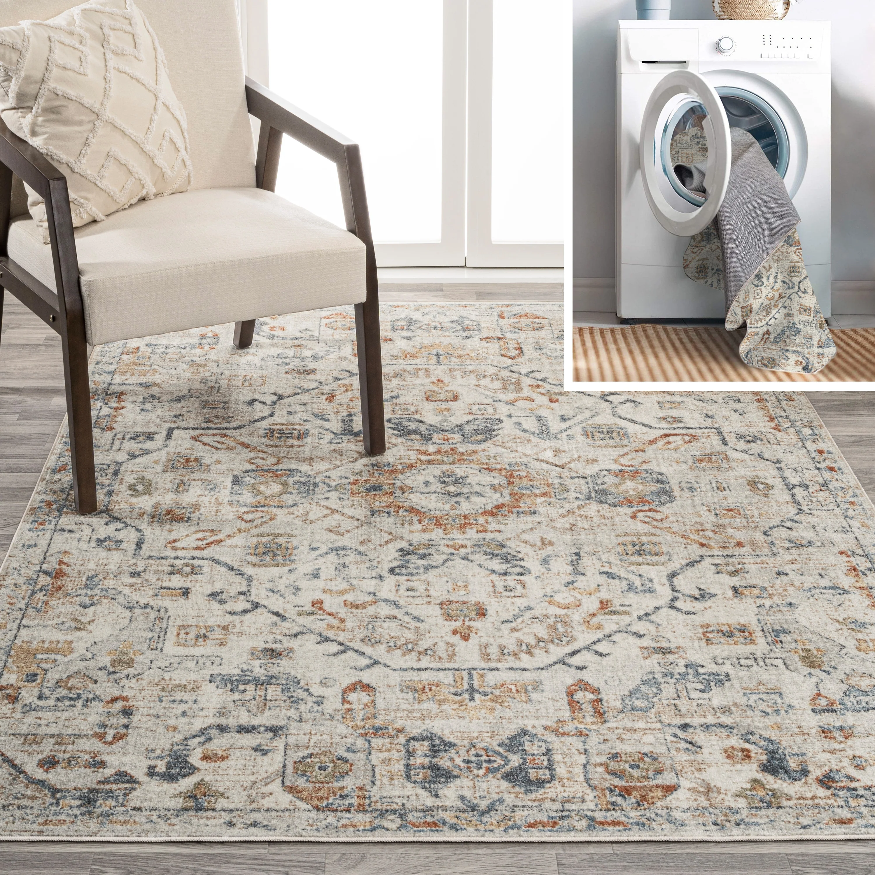 Bohemian Medallion Low-Pile Machine-Washable Area Rug, Cream and Terra