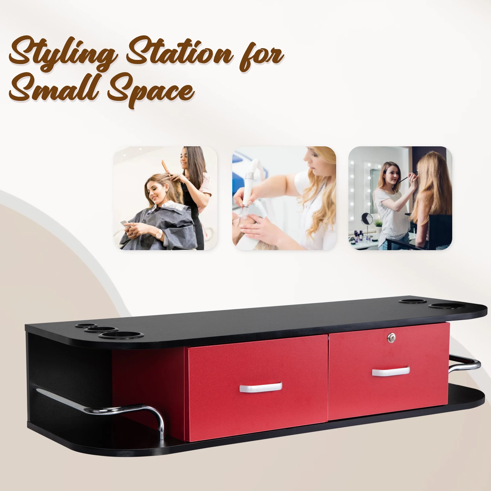 RESHABLE Modern Wall-Mounted Salon Station Barber Cabinet with Locking Drawer Storage Table for Hair Stylist Black - Image 17