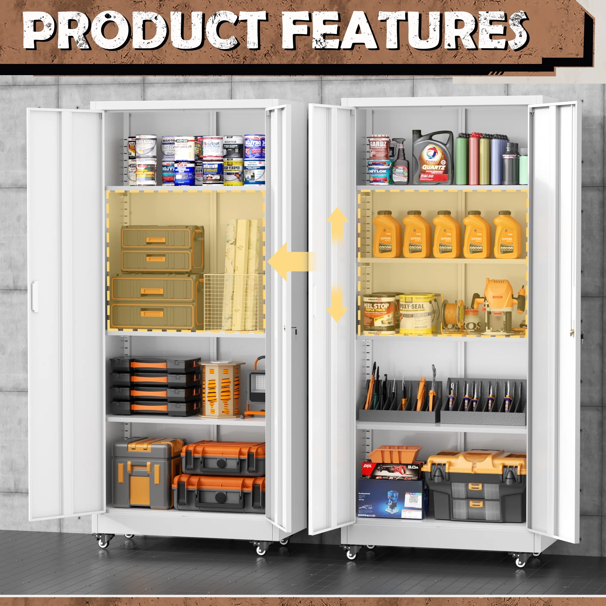 SOLAURA Metal Storage Cabinet with Wheels, 73" Garage Rolling Cabinet with Locking Door and 4 Shelves, Tool Cabinet on Caster for Home, Office, Black - Image 39
