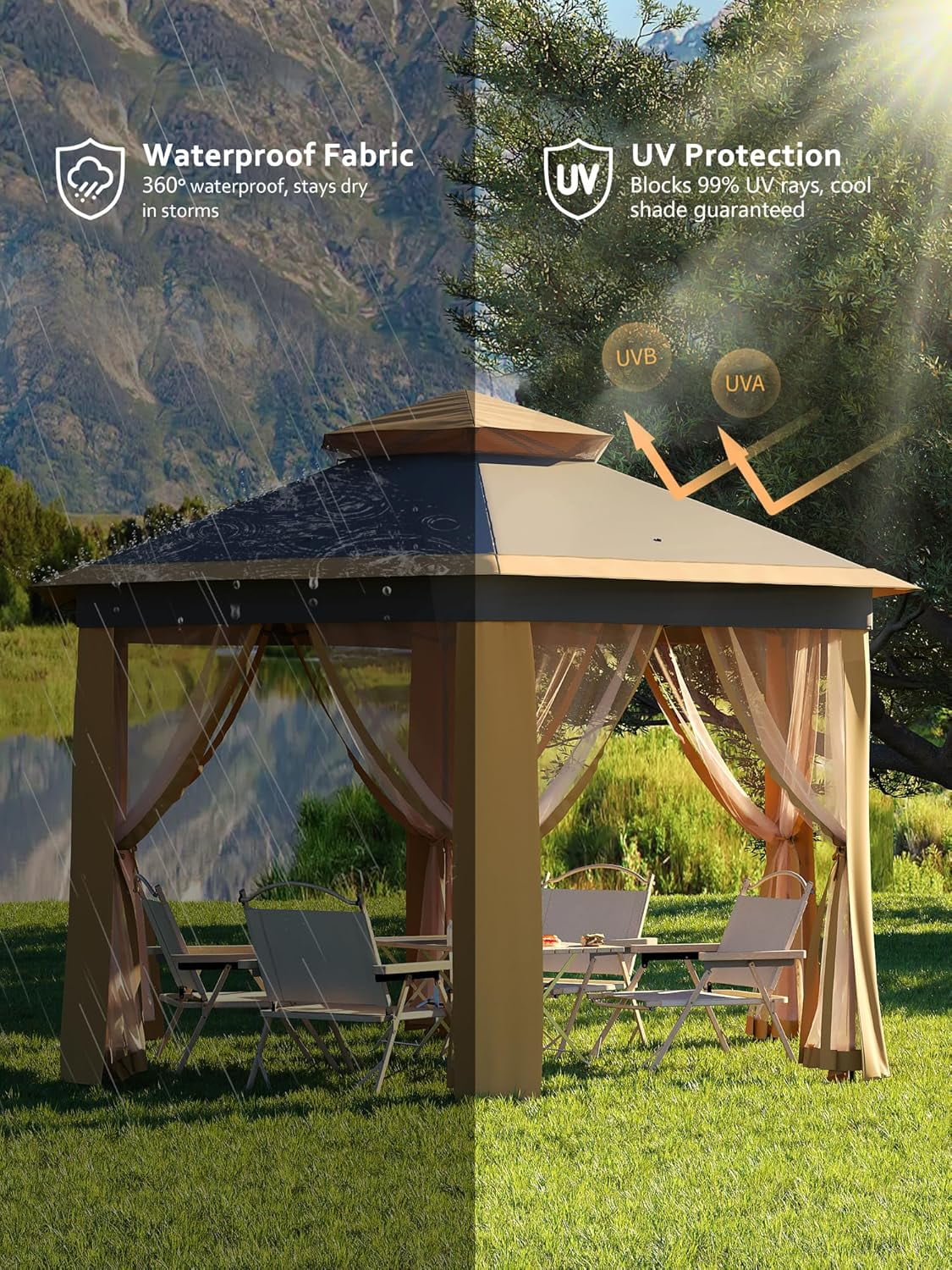 13x13 Gazebo Outdoor Canopy Shelter,Instant Patio Gazebo Sun Shade Canopy Tent with 6 Zippered Mesh Netting and Strong Steel Frame for Lawn,Garden,Backyard,Deck Party - Image 17