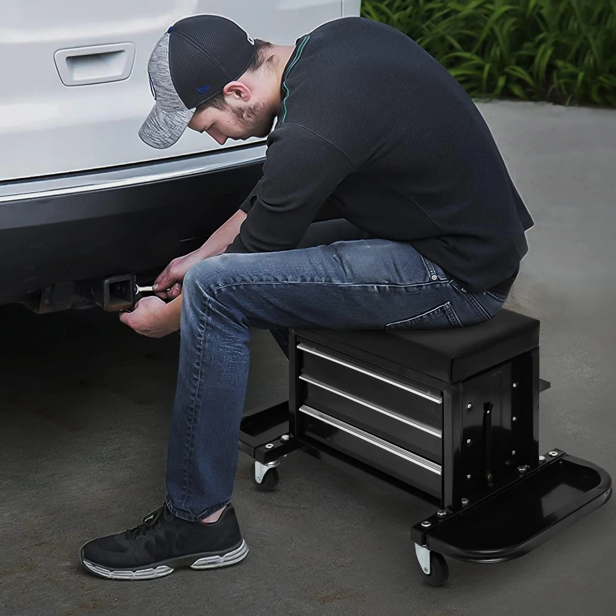 Aukfa Tool Chest Seat, Steel Rolling Tool Box with Wheels and Foldable Magnetic Storage Trays, 3-Drawers, 350LBS Capacity, Black - Image 3