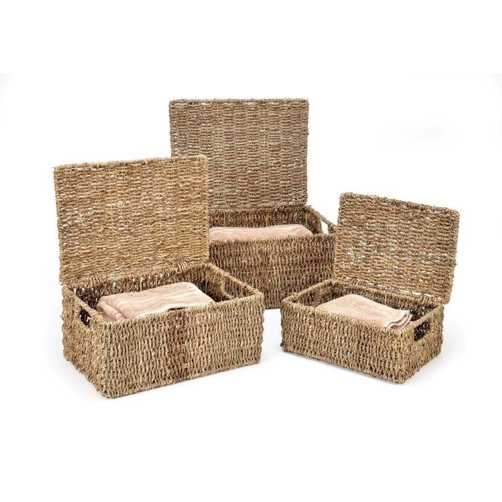 Set of 3 Small Rectangular Seagrass Baskets with Lids, Woven Storage Baskets - Image 8