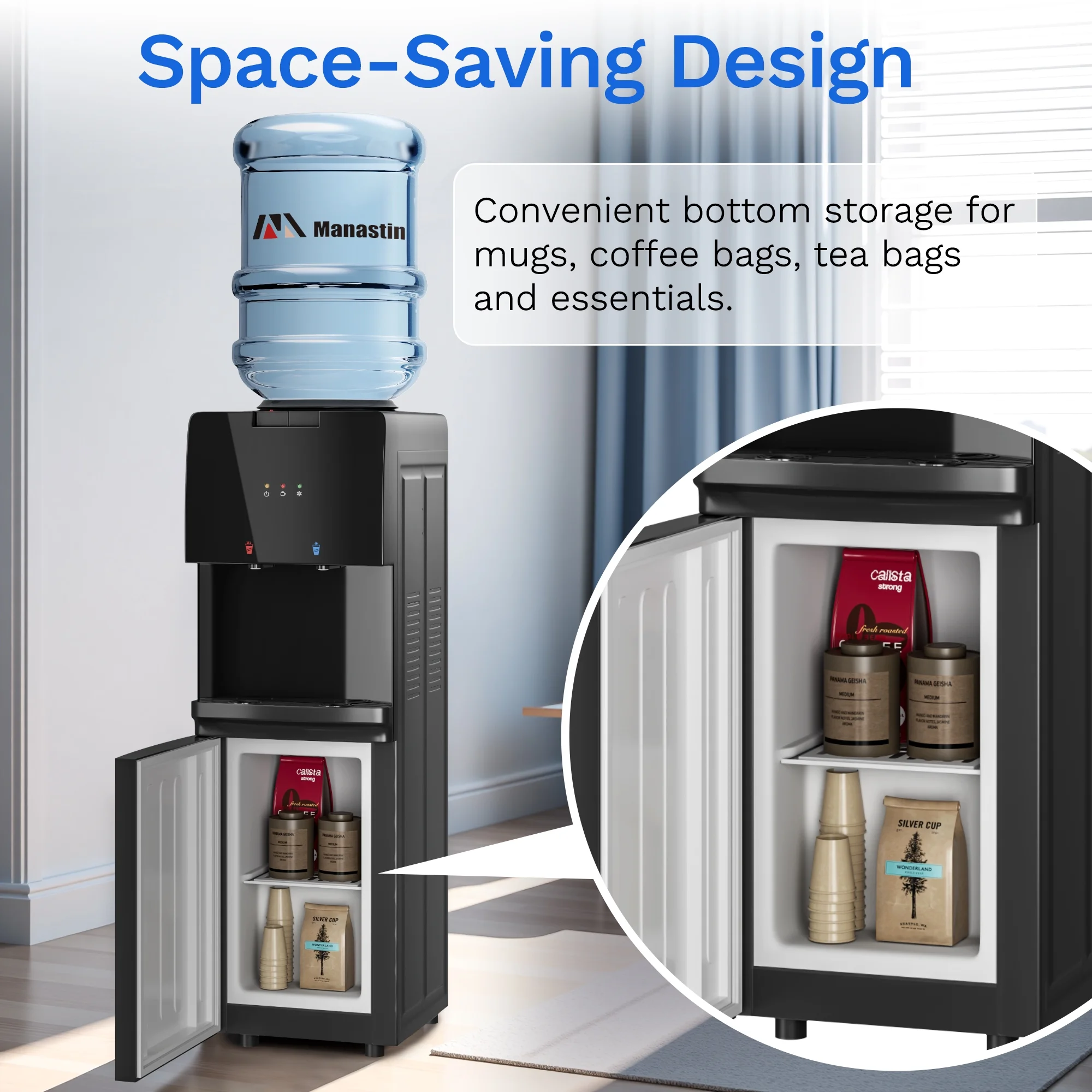 Manastin Top Loading Water Dispenser - Hot and Cold Water, Child Lock, Removable Water Tray, Extra Storage, Black - Image 8