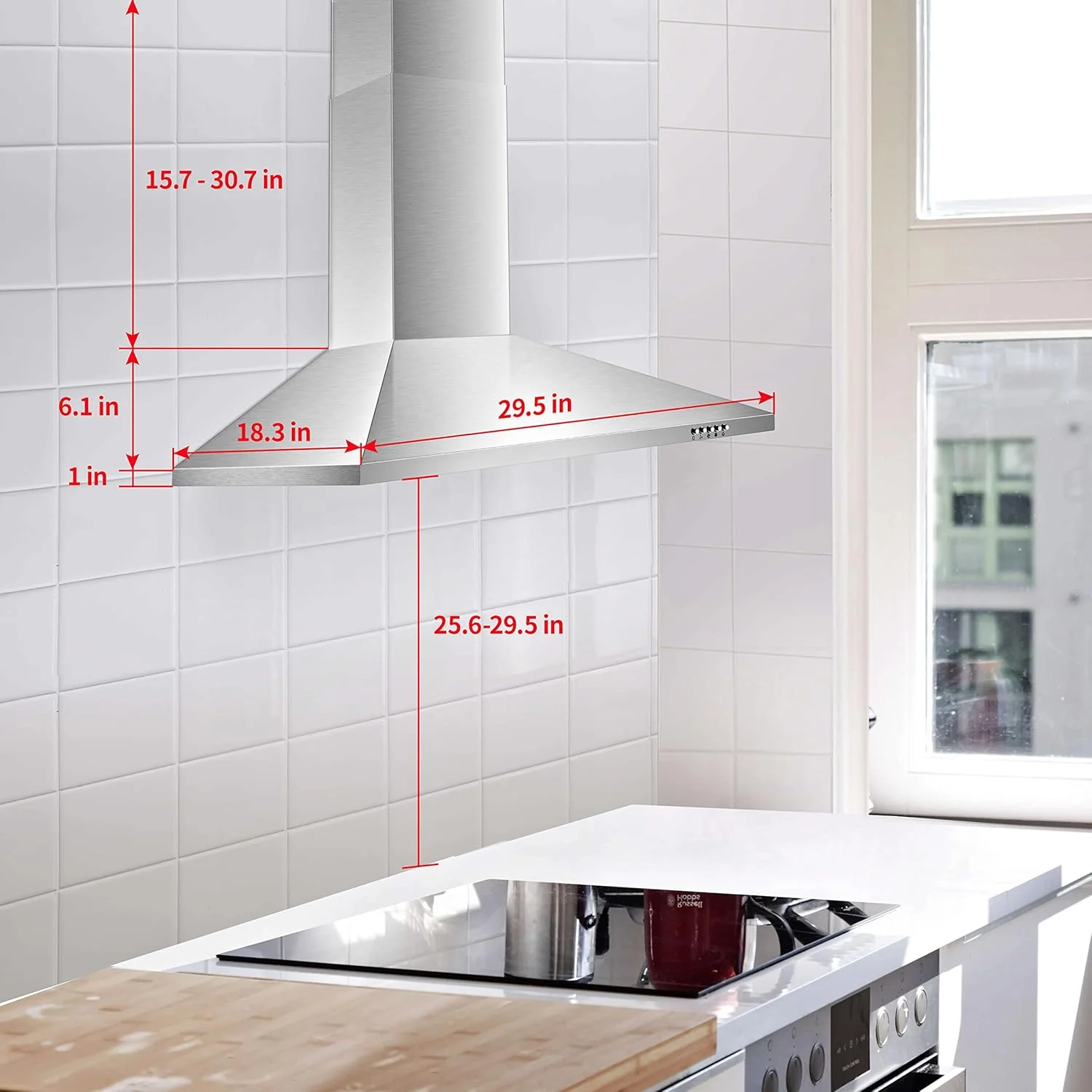 30 Inch Wall Mount Stainless Steel Range Hood, Modern Kitchen Exhaust Vent Hood with LED Light - Image 6