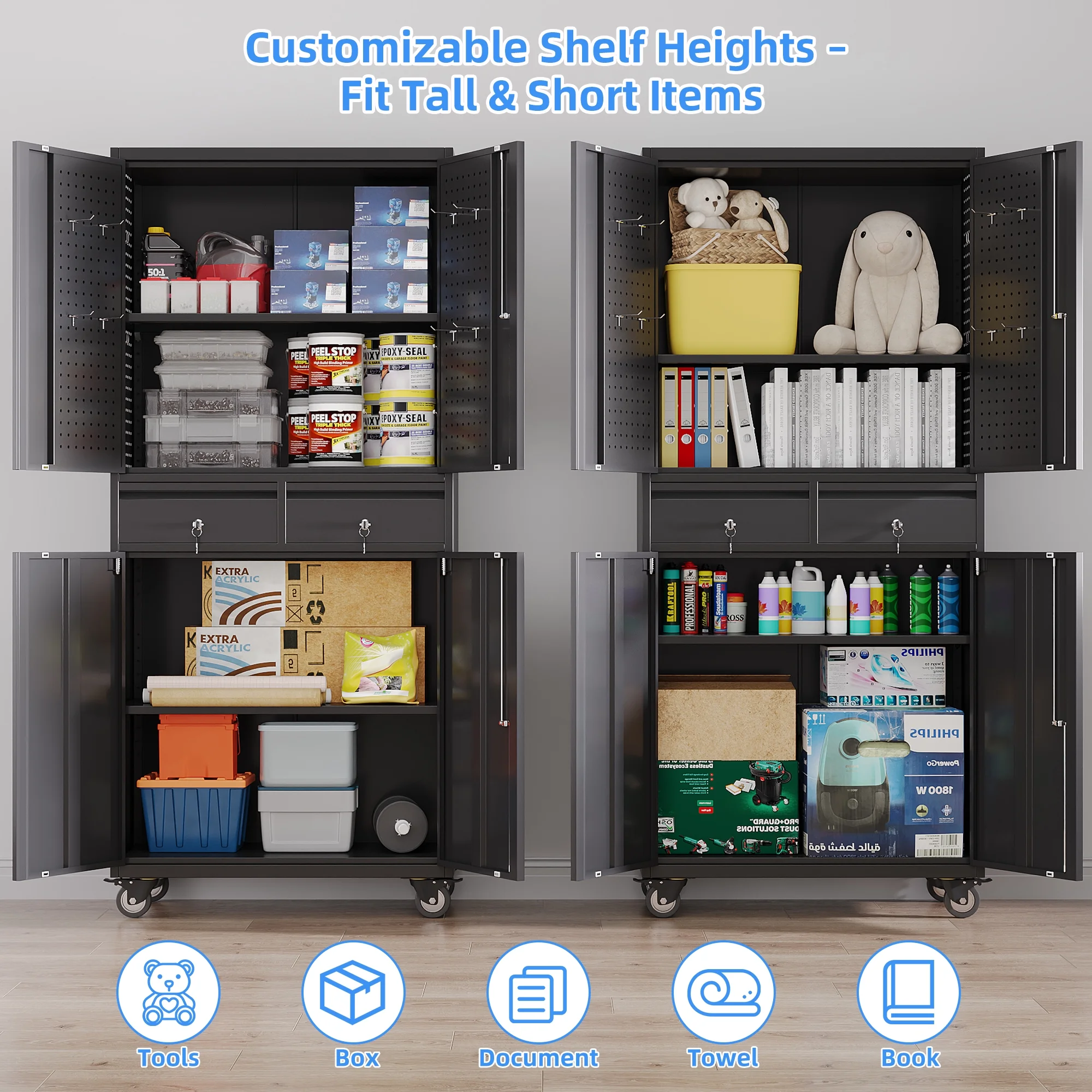 Gaeanet Rolling Tool Storage Cabinet with 5 Adjustable Shelves and Pegboard,Metal Garage Storage Cabinet with Wheels for Garage Home Office Utility Room,71" H-32" W-16" D,Required Assembly, Black - Image 54