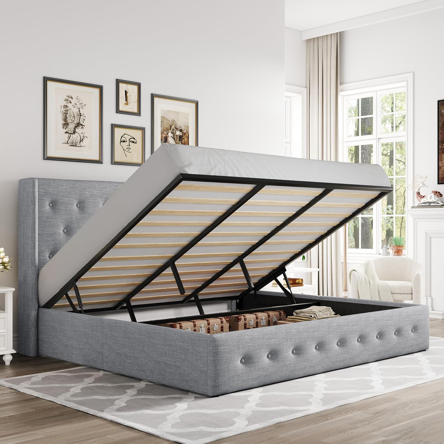 Queen Size Lift Up Storage Bed with Wingback Headboard, Upholstered Platform Bed Frame with Hidden Storage - Image 37