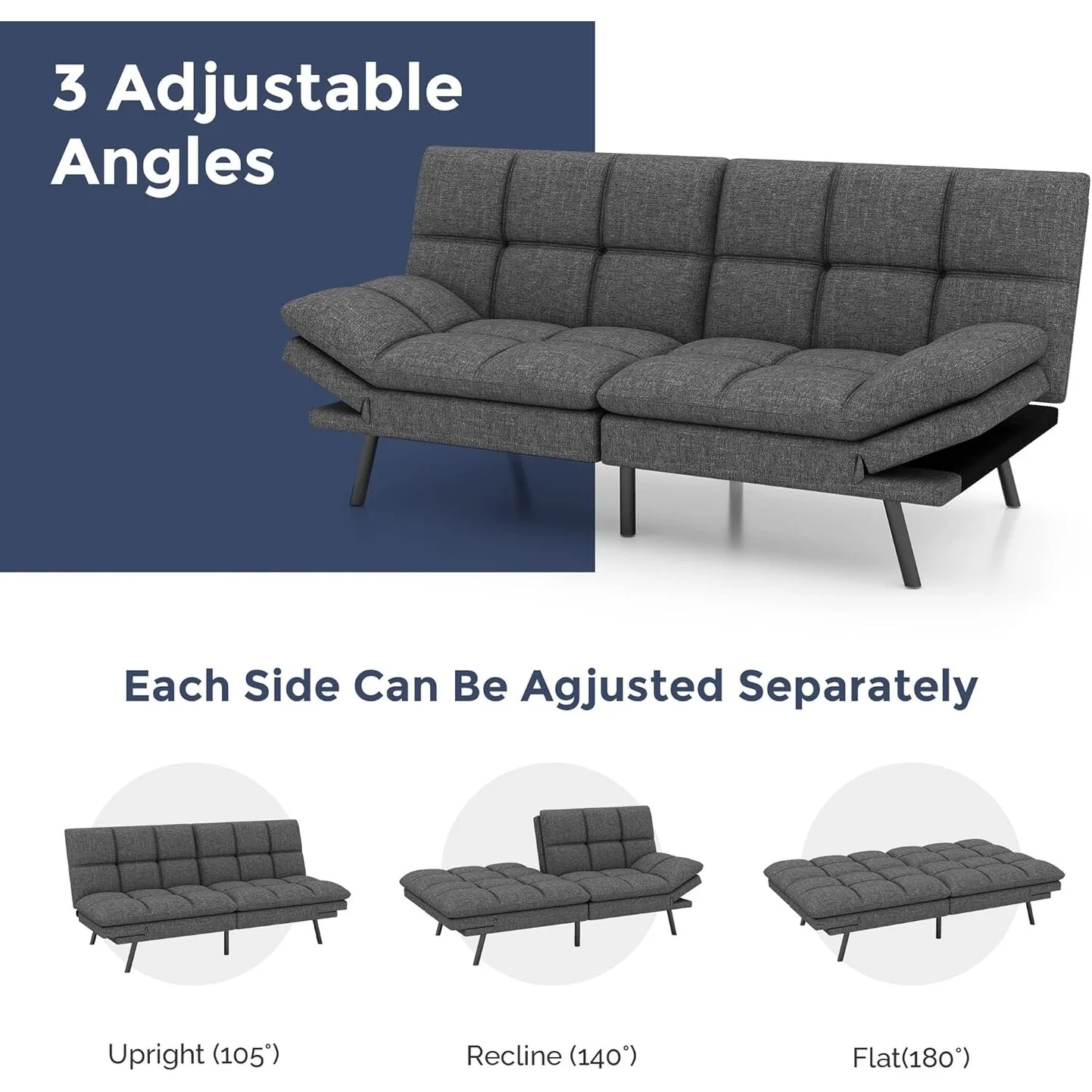 Convertible Futon Sofa Bed with Memory Foam, Foldable Loveseat Sleeper with Adjustable Armrests - Image 13