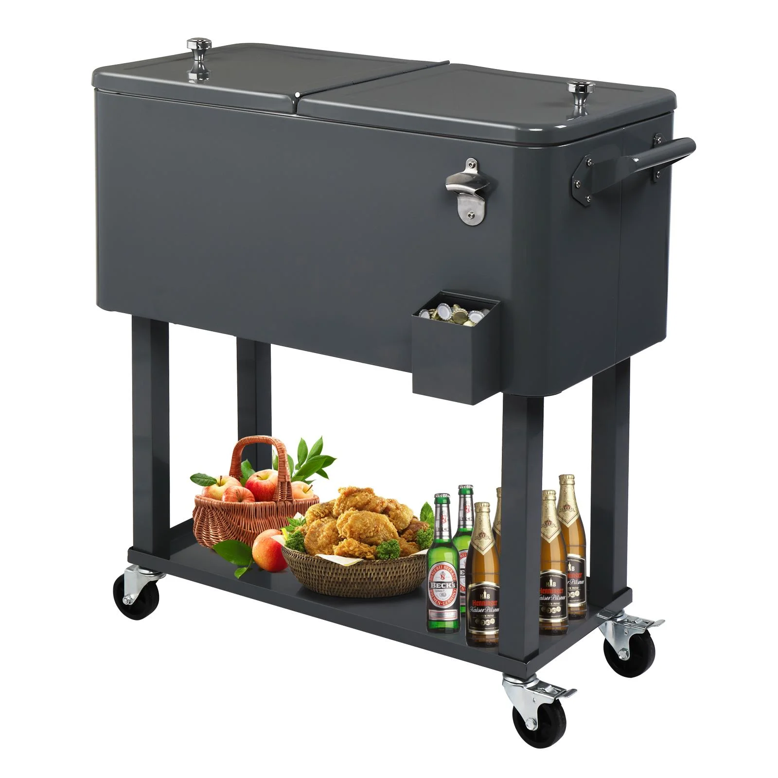 EasingRoom Iron Spray Plastic Patio Cooler Cart with Tray Cooler with Shelf Green - Image 11