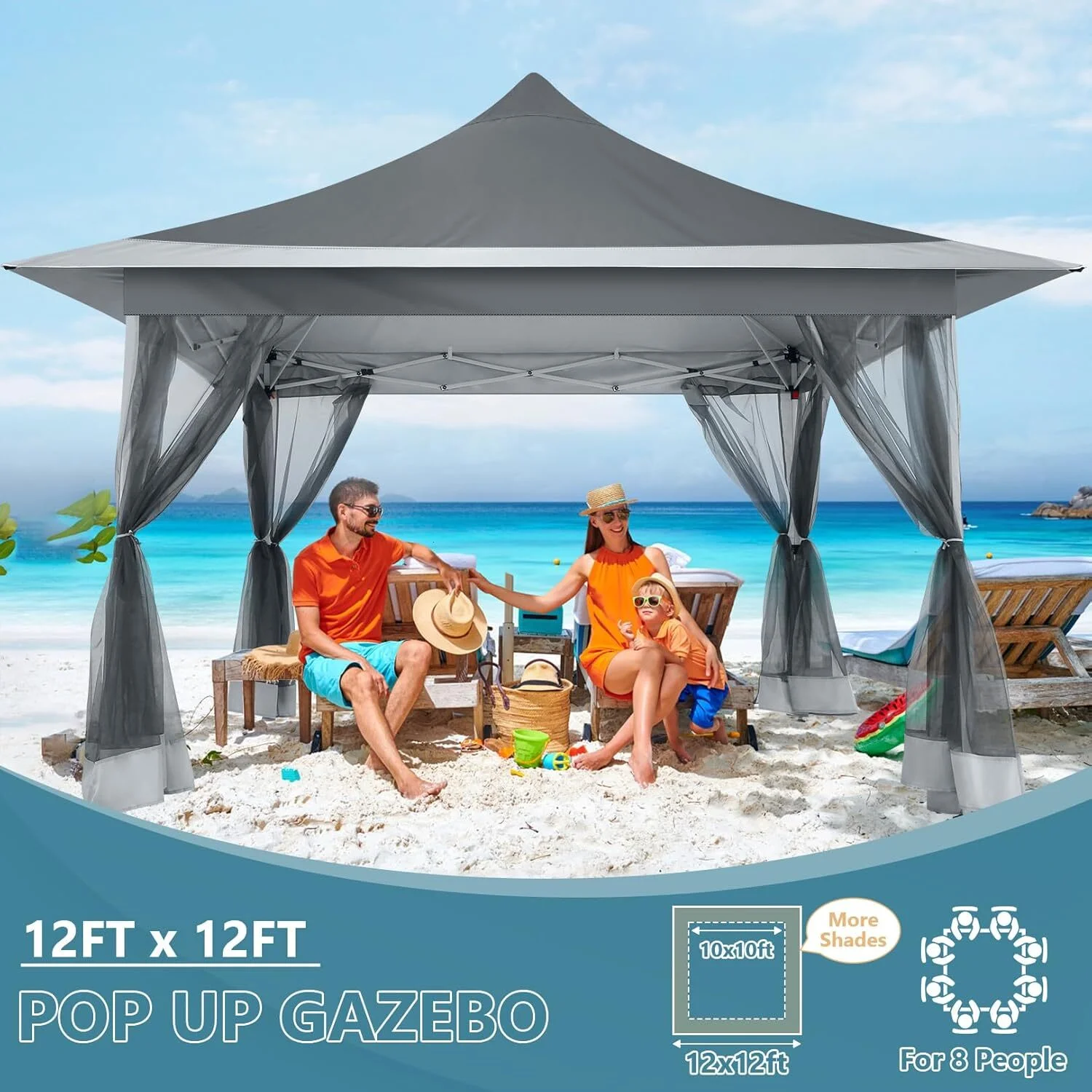 COBIZI 11x11 Pop up Gazebo Outdoor Canopy Gazebo Patio Gazebo with Mosquito Netting Canopy Shelter with 121 Square feet of Shade for Poolside, Garden, Party and Backyard, Khaki - Image 44