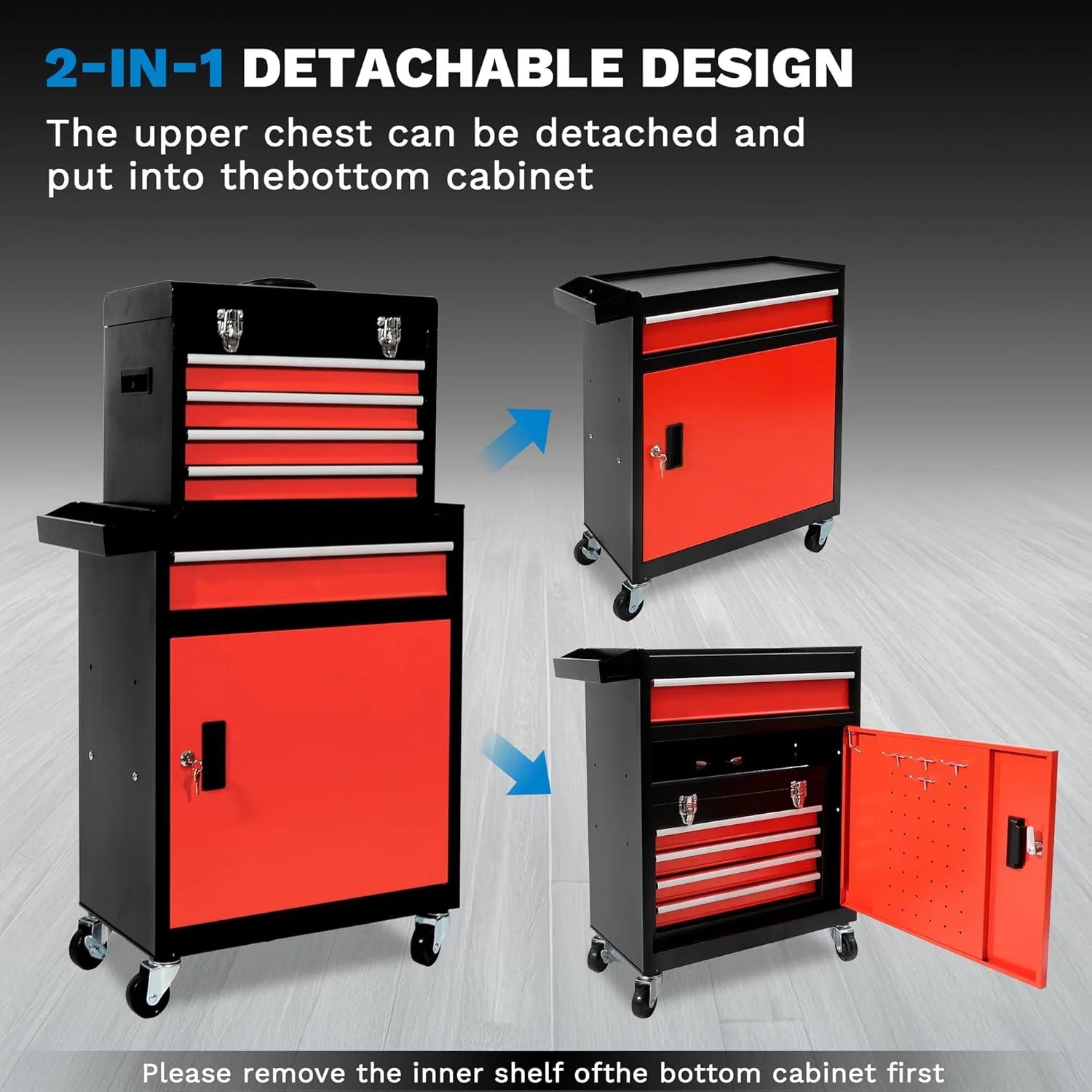 Rolling Tool Box, 5 Drawer Tool Chest with Wheels, Tool Box Organizer with Detachable Top, Lockable Drawers & Sliding Storage for Garage & Workshop - Image 4