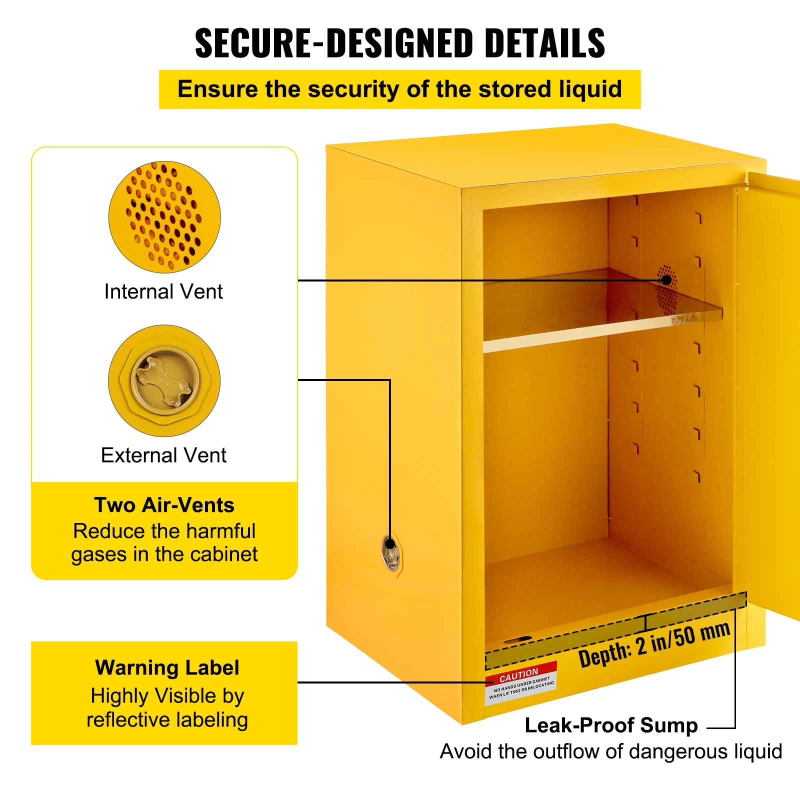 BENTISM Safety Cabinet for Flammable Liquids Single door and Manual Close Yellow Hazardous Storage 43 x 43 x 46CM - Image 5