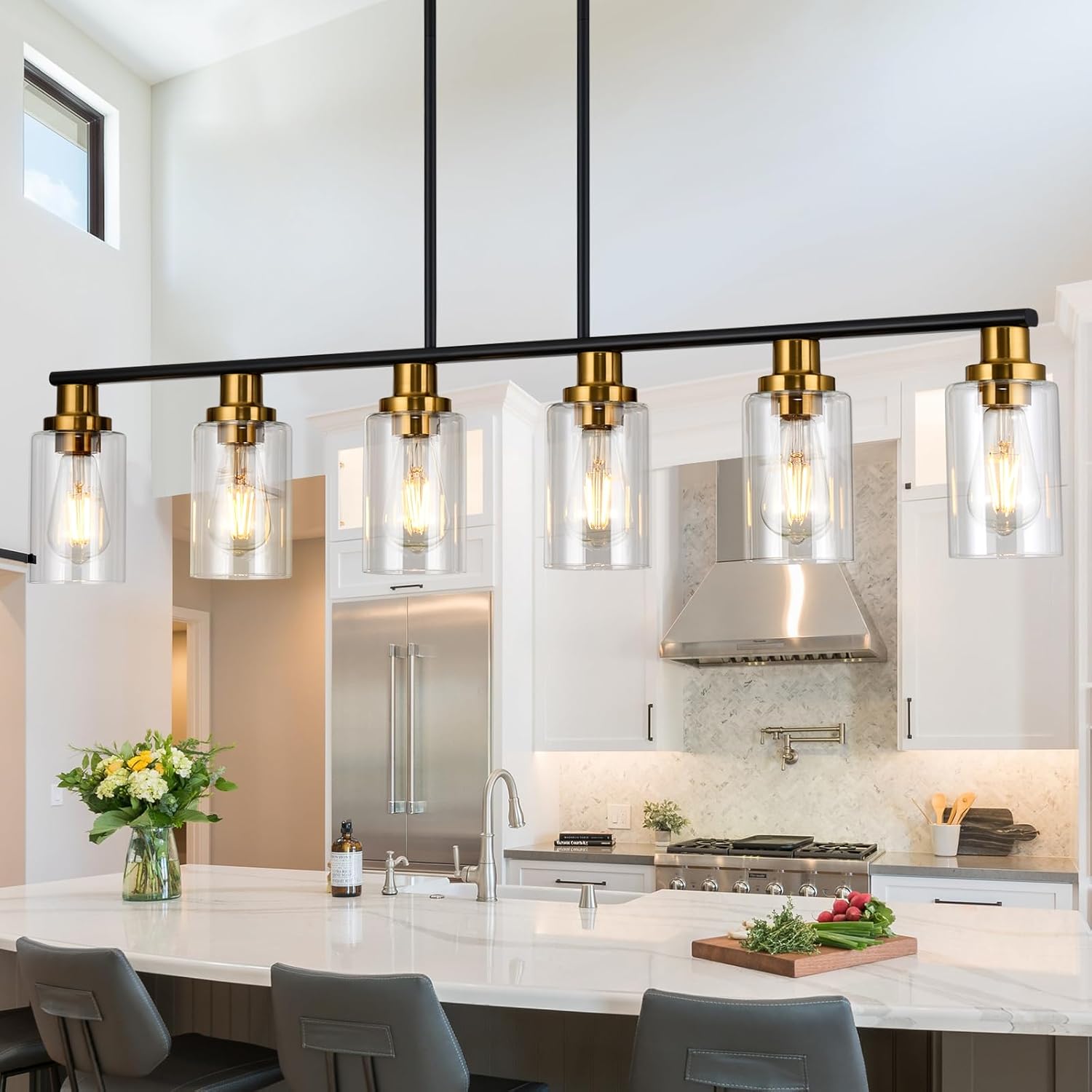 Kitchen Island Lighting, 4-Light Dining Room Light Fixtures Over Table,Gold Linear Chandelier for Dining Room Hanging,Pendant Lights Kitchen Island with Clear Glass Shade - Image 7