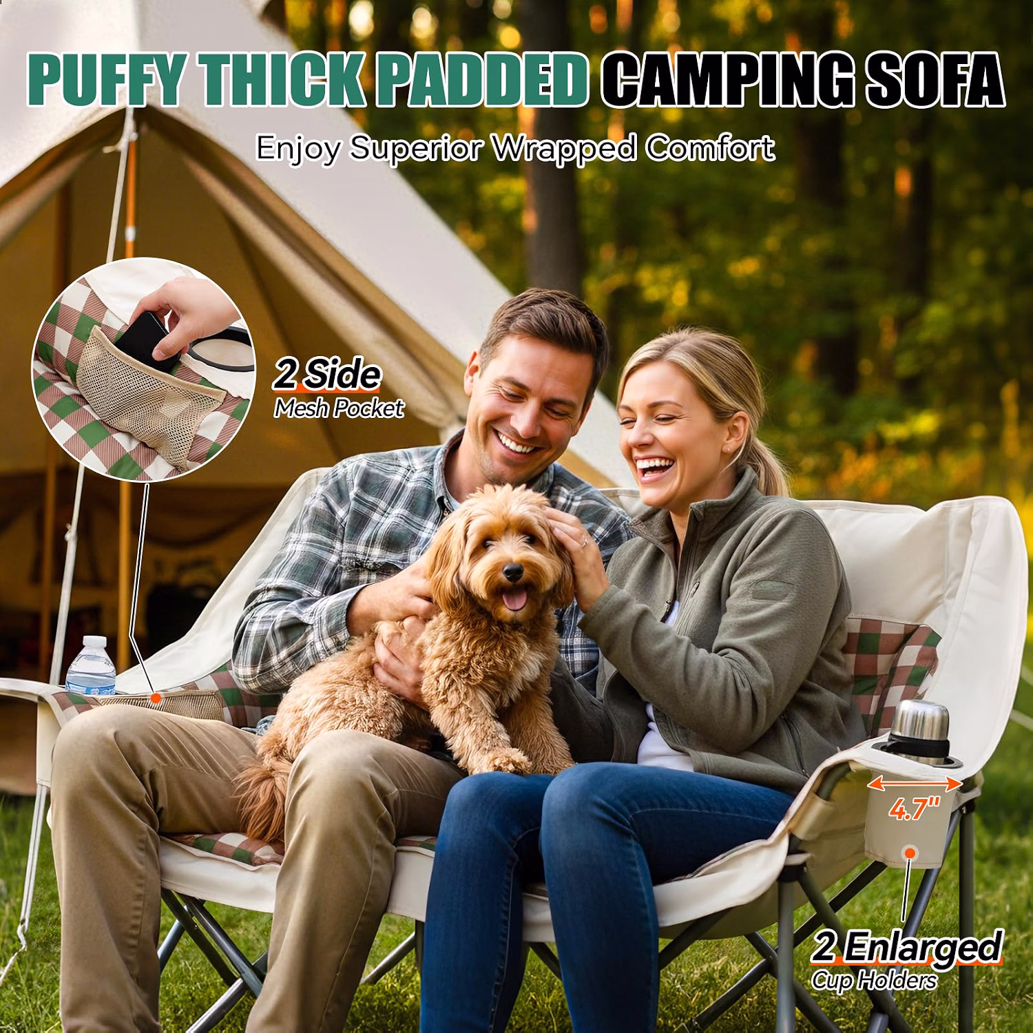 Double Camping Chair, Oversized 2 Person Camp Chairs with Cup Holders Side & Backrest Mesh Pockets Padded Loveseat Camping Chair Foldable for Outdoor Lawn Backyard Beach Support 800LB - Image 3