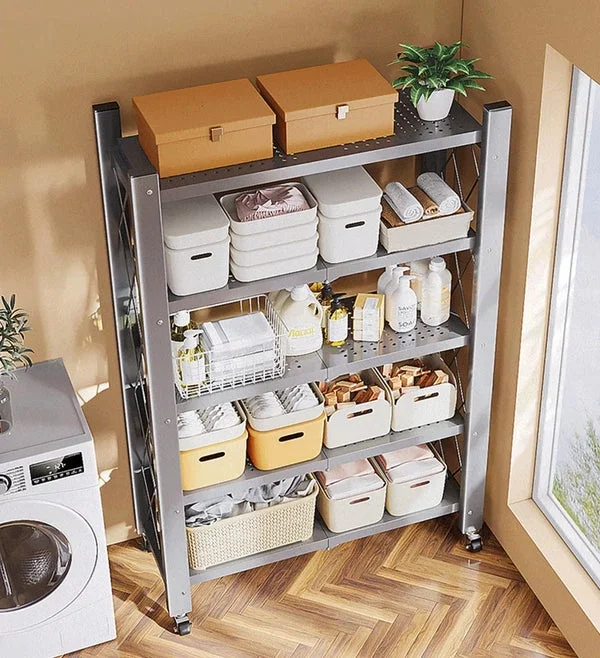 Joybos 5-Shelf Foldable Storage Shelves with Wheels and privacy curtains, Heavy Duty Metal Shelving, No Assembly Organizer Wire Shelf Rack for Garage Kitchen, Basement, Pantry, Holds up to 100 - Image 7