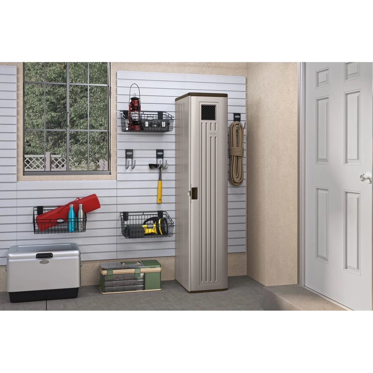 Suncast 72" Resin Outdoor Storage Cabinet with 3 Shelves, Platinum Metallic - Image 3