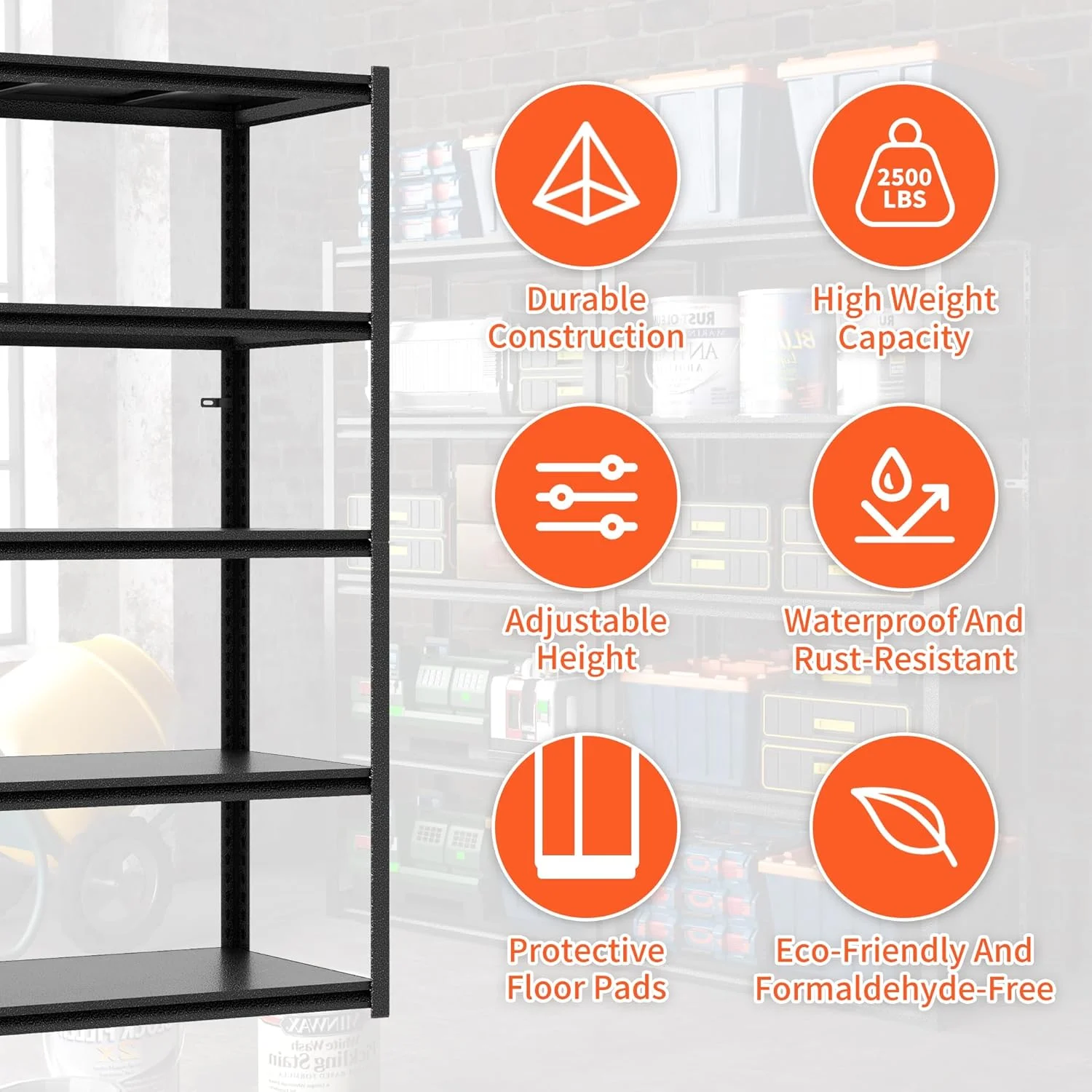Garage Shelving, Garage Storage Shelves, 2500 LBS Heavy Duty Adjustable Metal Garage Shelves, Easy Assembly, Shelves for Garage Storage, Warehouse, Basement, Black - Image 14