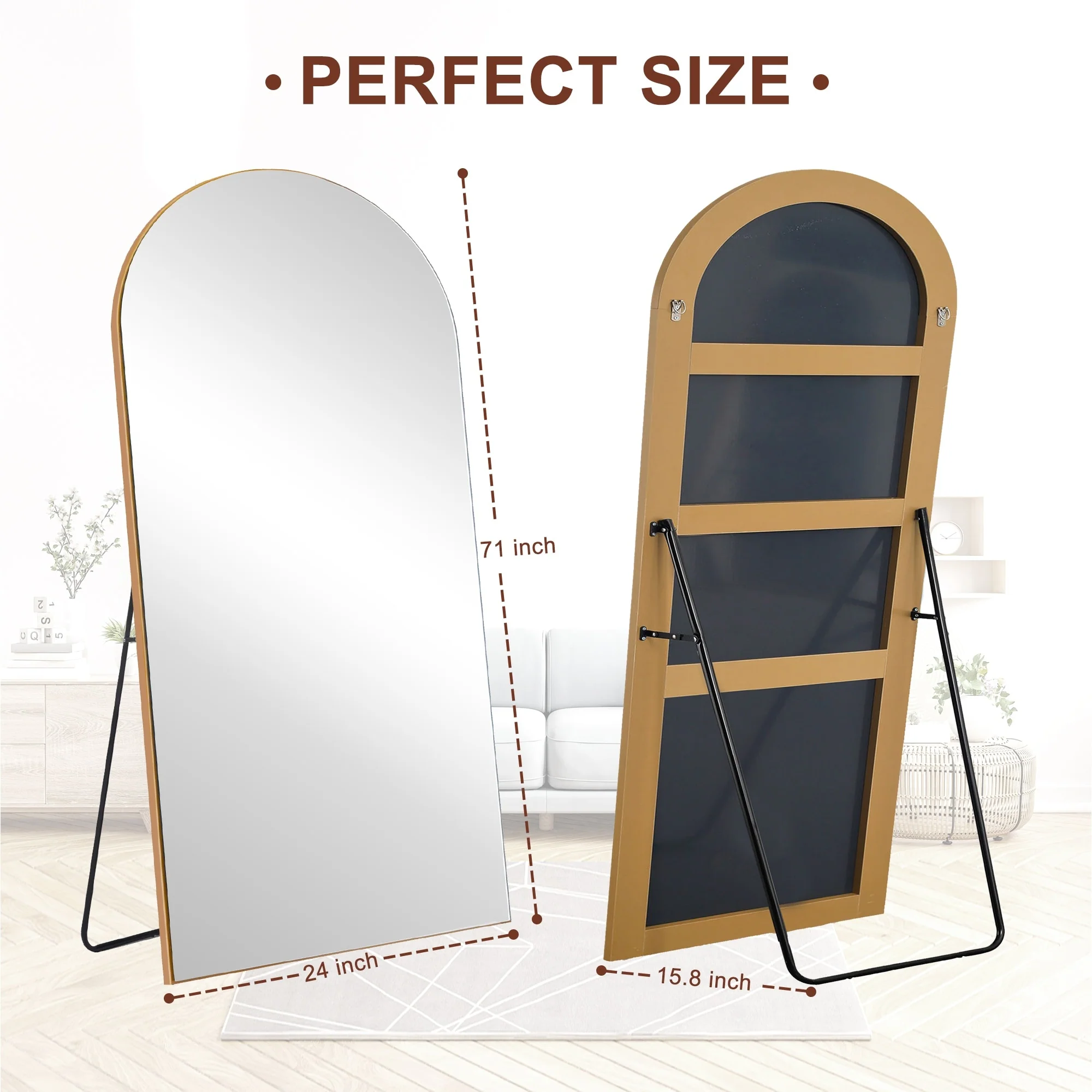 Arched Full Length Wood Floor Mirror, Full Body Standing and Wall Mounted Mirror for Bedroom, Living Room and Home Decor - Image 57
