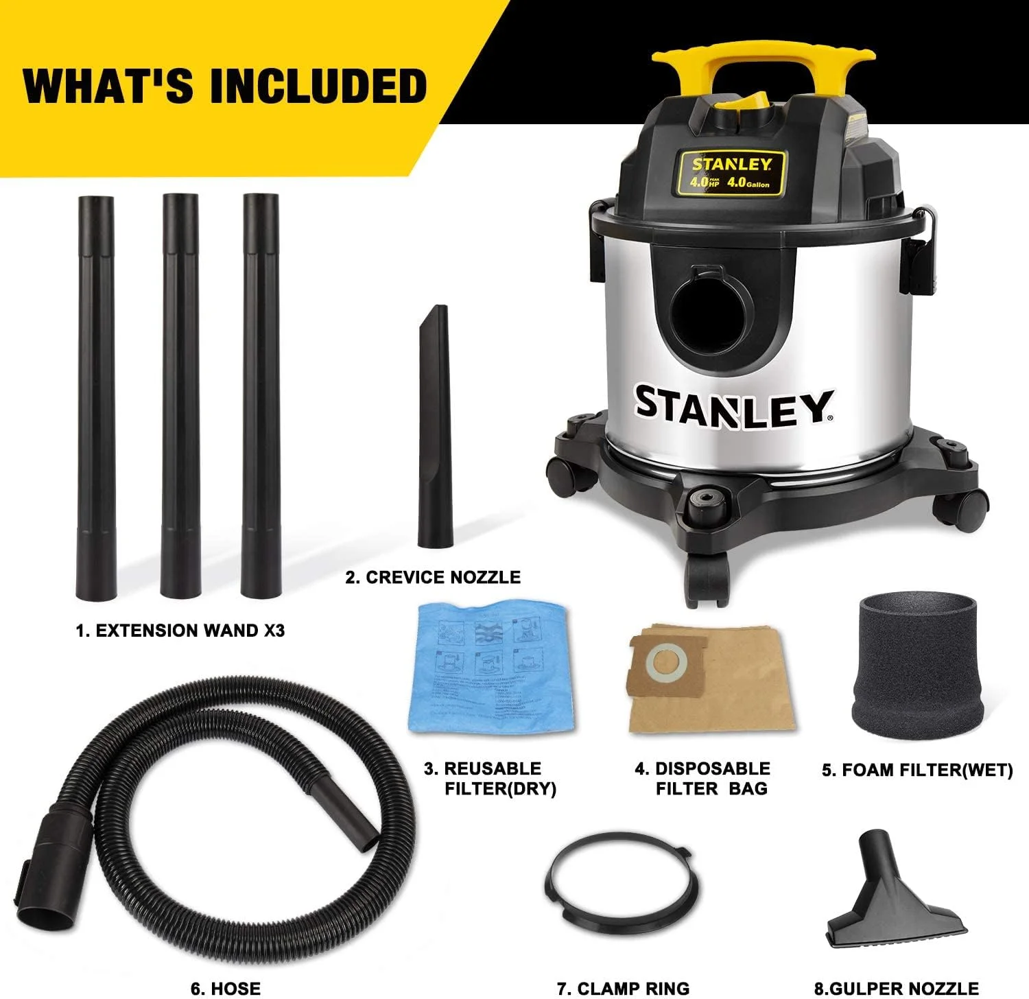 4 Gallon Wet Dry Vacuum, 4 Peak HP Stainless Steel 3 in 1 Shop Vacuum Blower with Powerful Suction, Vacuum for Job Site, Garage, Basement, Workshop, Top Handle, Portable Wet Dry Vac SL18301-4B - Image 3