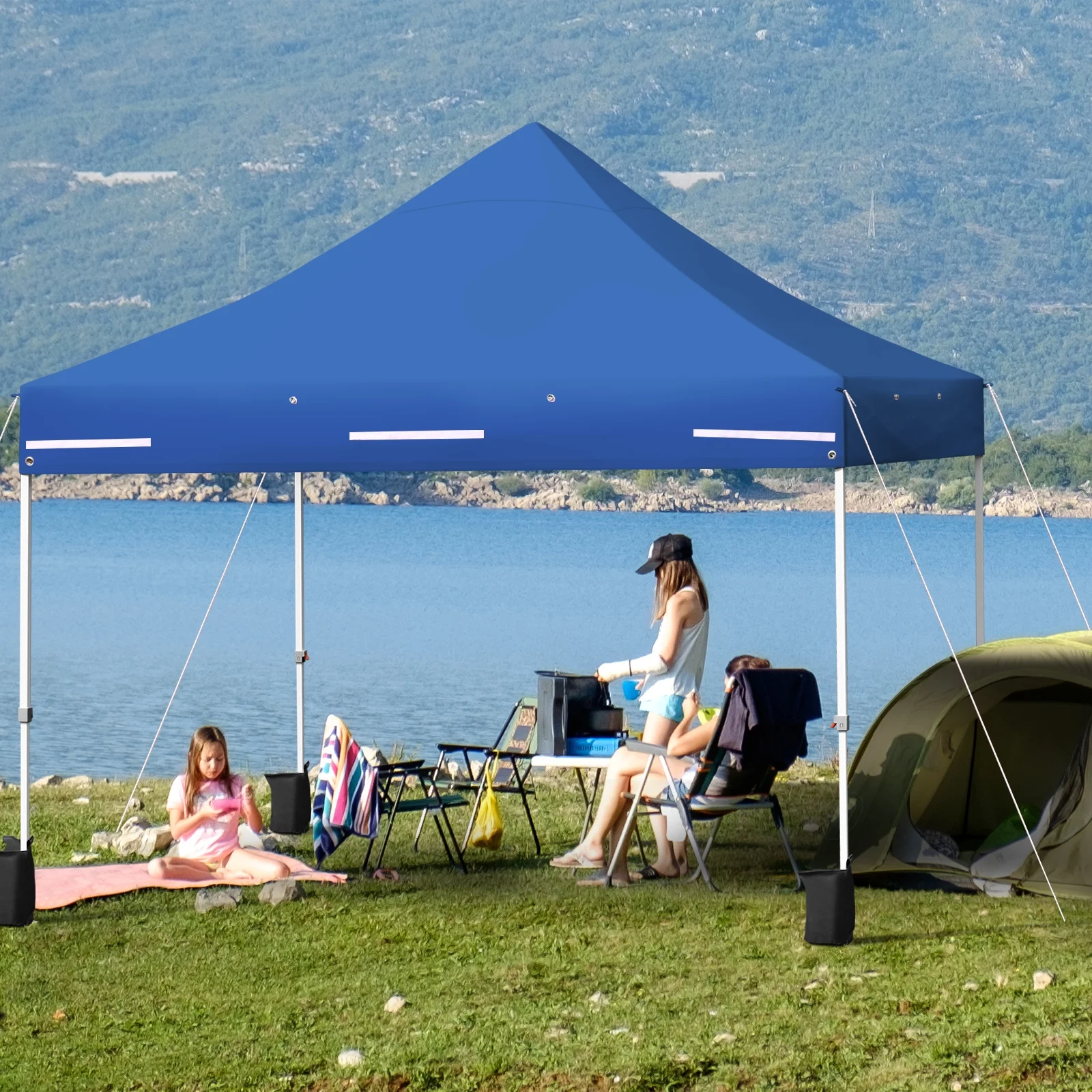 Patiojoy 10x10ft Pop up Tent, 4 Height Adjustment Folding Camping Tent with Awning Blue - Image 2