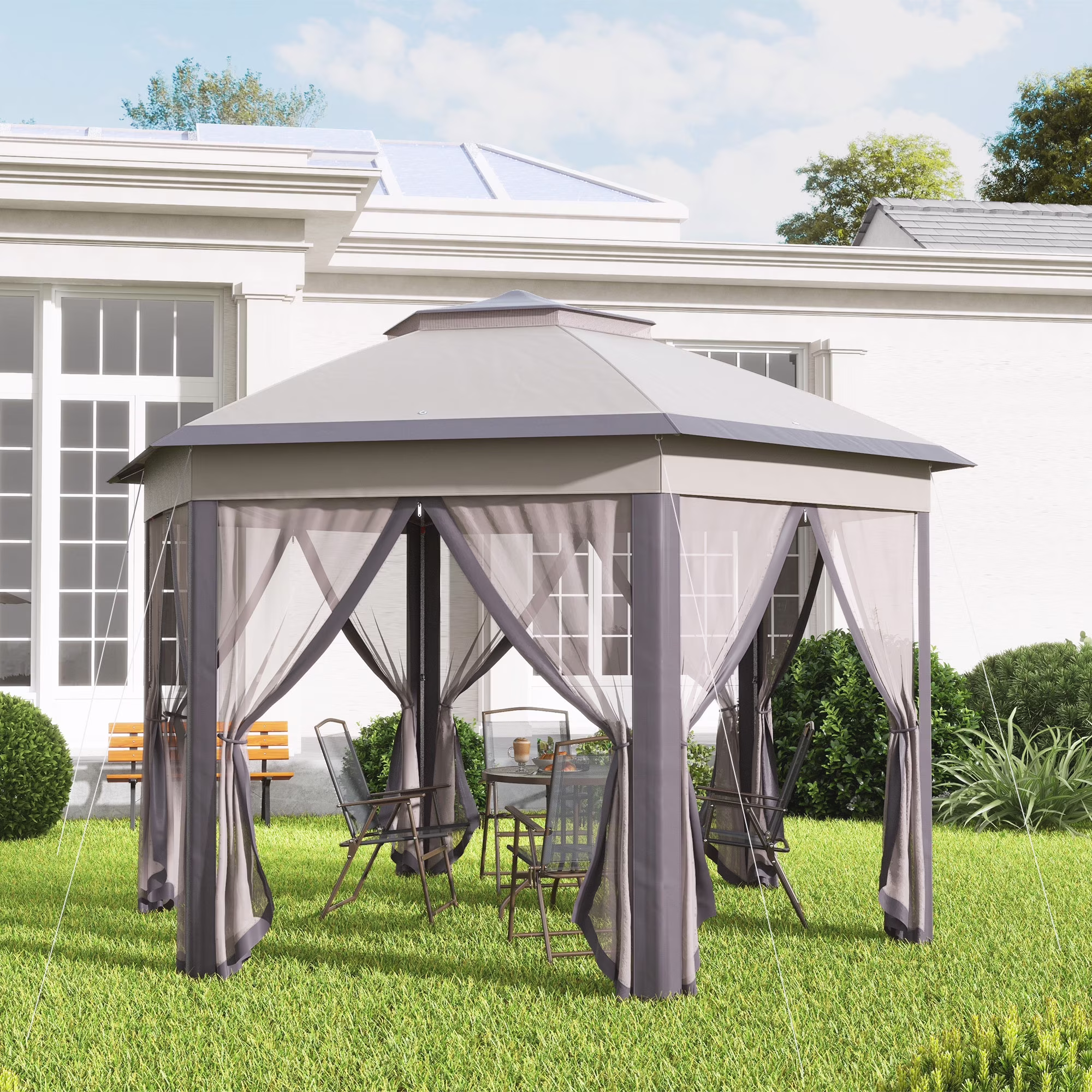 Outsunny 13' x 13' Pop Up Gazebo Hexagonal Canopy with 6 Zippered Mesh Netting, 2-Tier Roof Event Tent with Steel Frame for Patio Backyard, Gray - Image 5