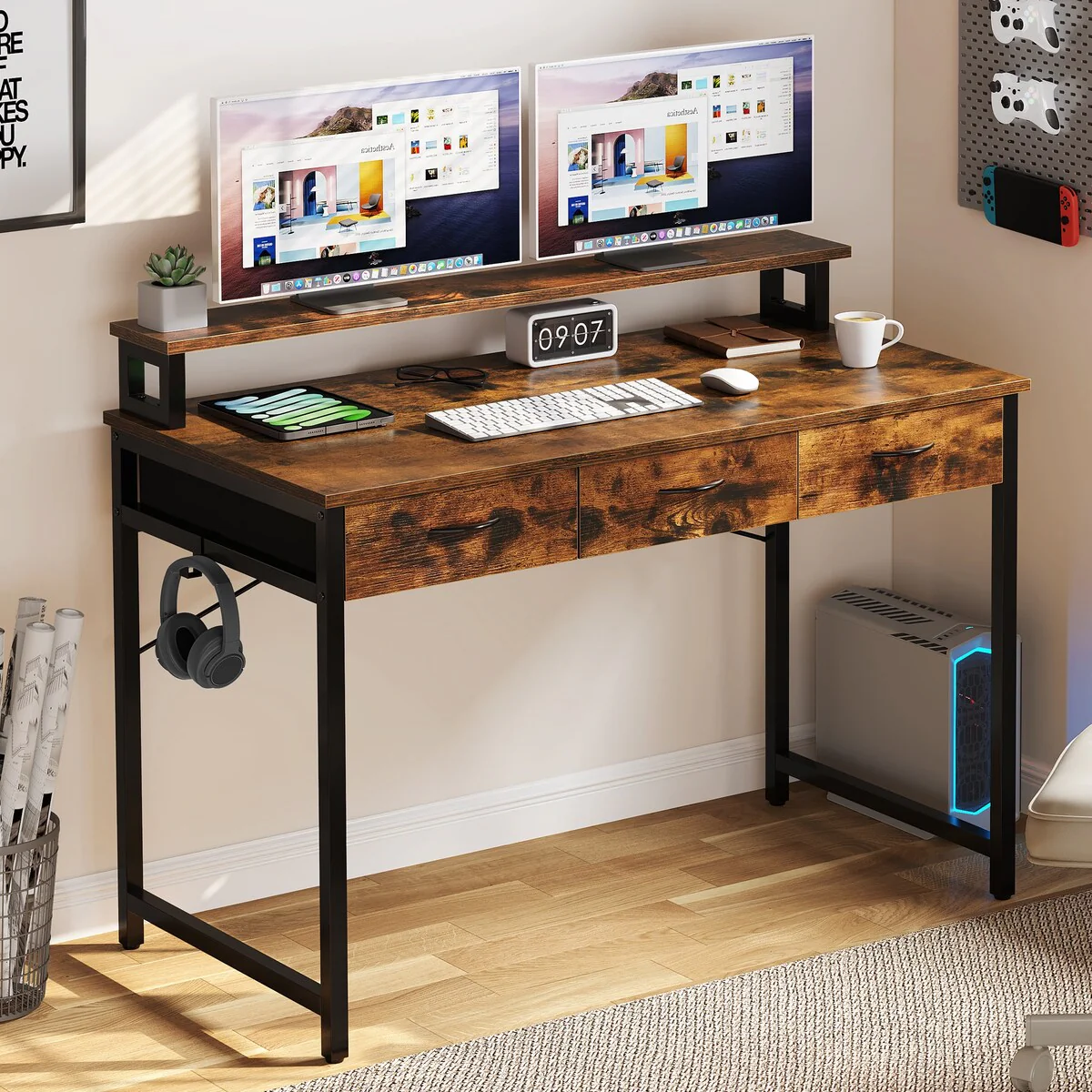 Small Computer Desk with Fabric Drawers and Monitor Stand, Compact Home Office Workstation for Small Spaces - Image 5