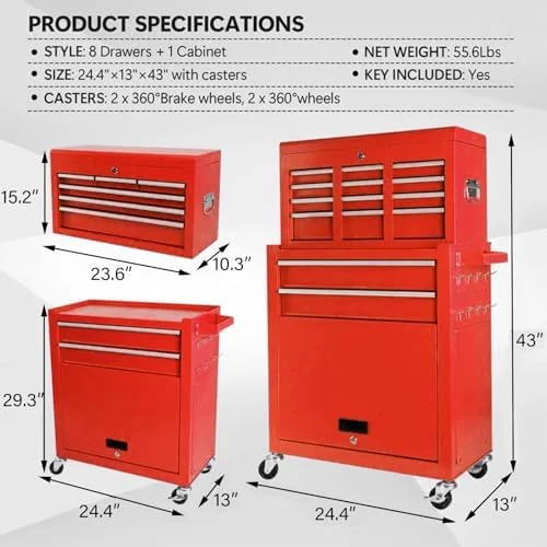 8-Drawer Rolling Tool Chest with Detachable Top Tool Box, Lockable Metal Tool Cabinet, and Liner, Heavy-Duty Storage Organizer with Wheels and 6 Hooks for Garage, Workshop, Green - Image 19