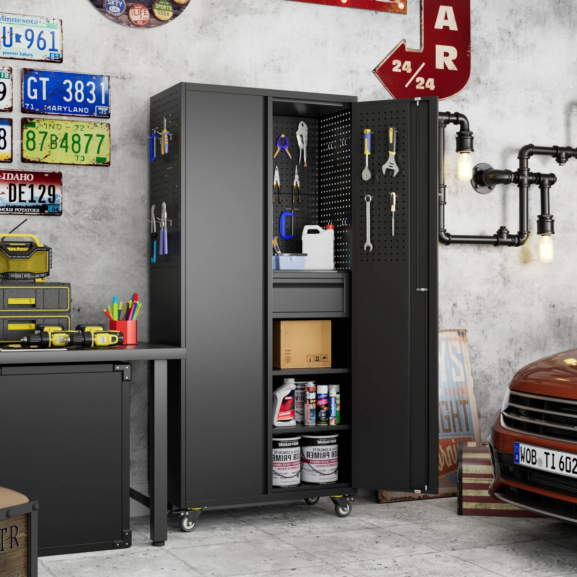 Gaeanet Rolling Tool Storage Cabinet with 5 Adjustable Shelves and Pegboard,Metal Garage Storage Cabinet with Wheels for Garage Home Office Utility Room,71" H-32" W-16" D,Required Assembly, Black - Image 118