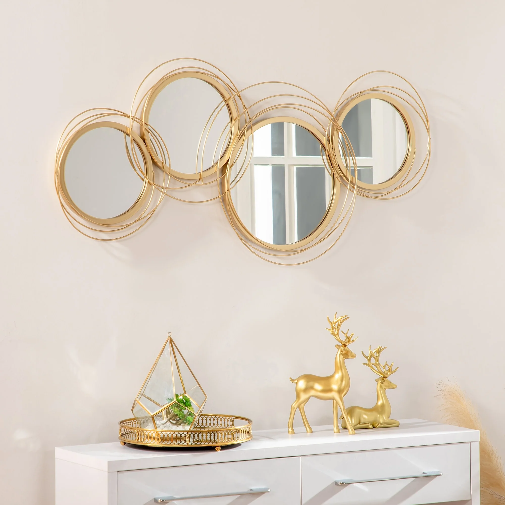 Modern Gold Metal Wall Art with Mirror, Decorative Hanging Wall Sculpture for Living Room, Bedroom and Dining Room