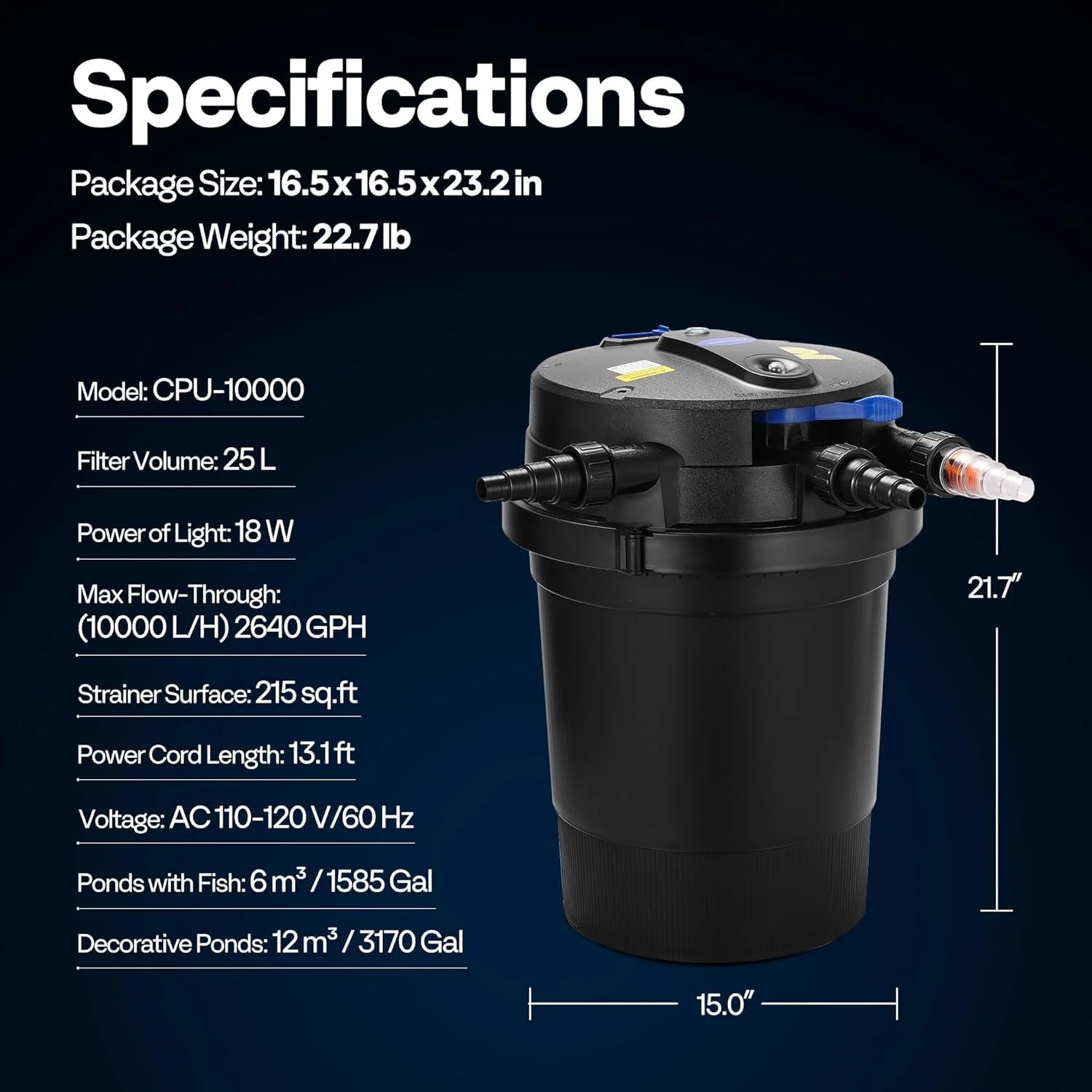 SPECSTAR 2110GPH Auto-Cleaning Pressurized Bio Pond Filter with 13W Light, Timer, Multi-Size Adapters for Koi Ponds up to 1057 Gallons or Ornamental Ponds up to 2113 Gallons - Image 10