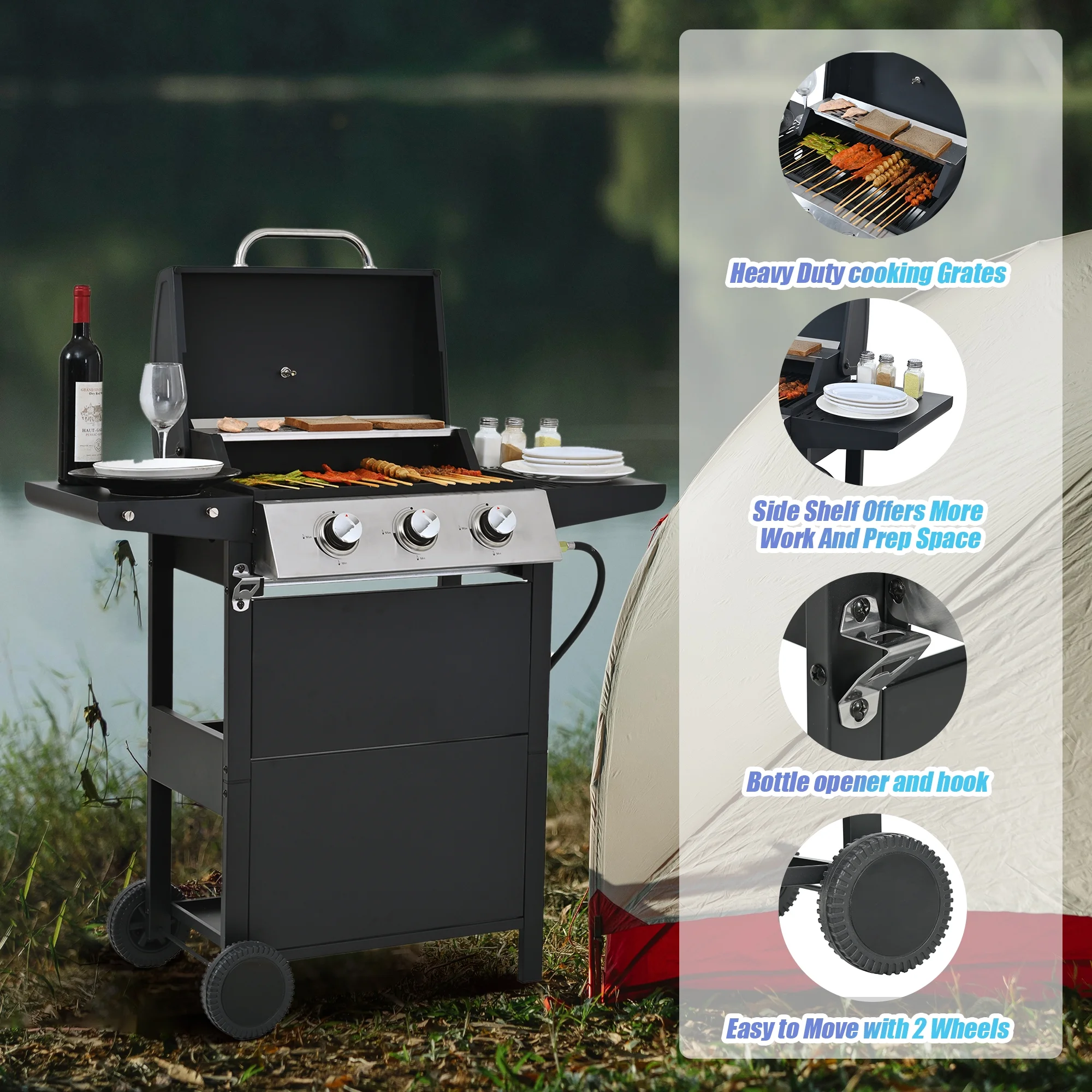 3 Burner BBQ Propane Gas Grill, Stainless Steel 30,000 BTU Patio Garden Barbecue Grill with Two Foldable Shelves - Image 3