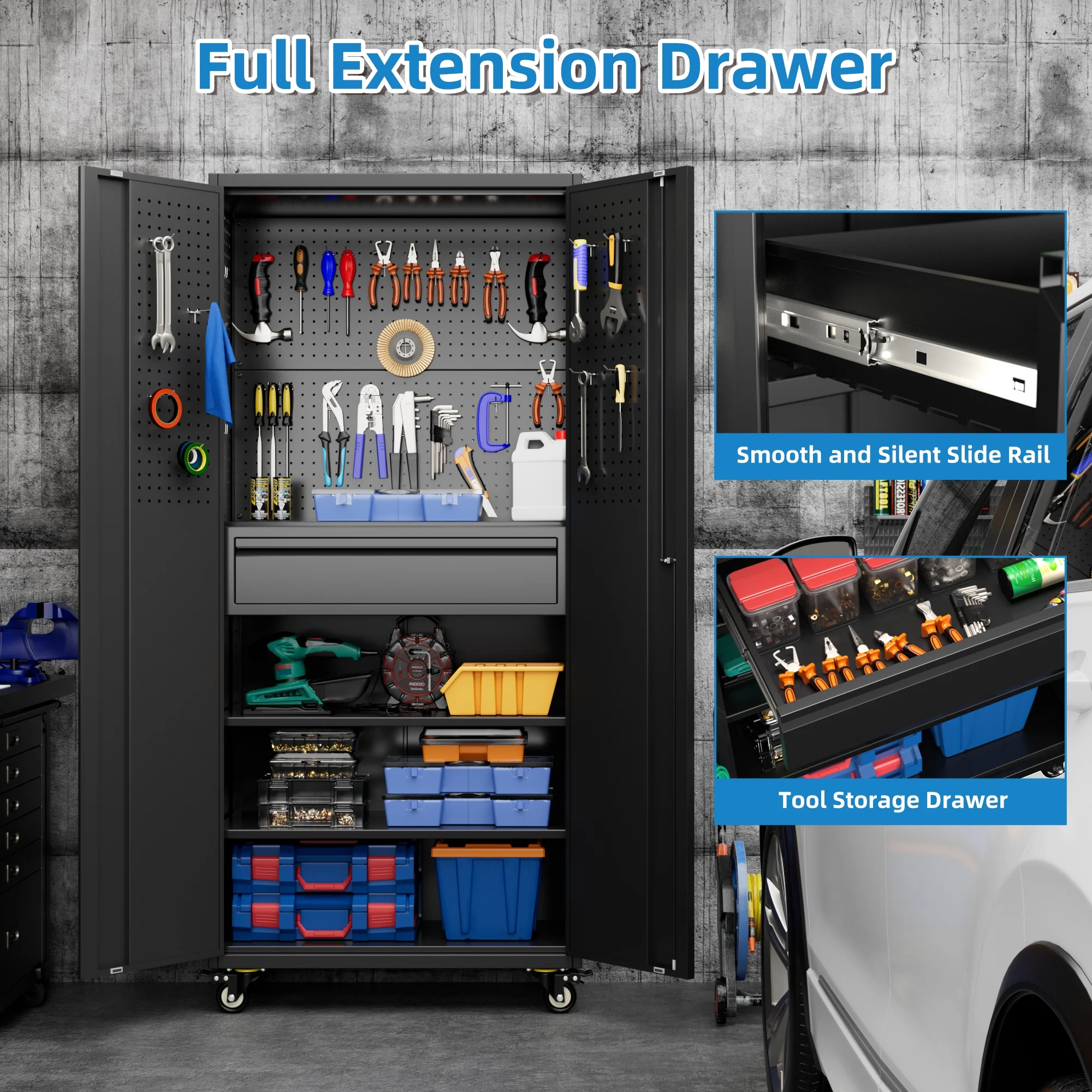Gaeanet Rolling Tool Storage Cabinet with 5 Adjustable Shelves and Pegboard,Metal Garage Storage Cabinet with Wheels for Garage Home Office Utility Room,71" H-32" W-16" D,Required Assembly, Black - Image 113