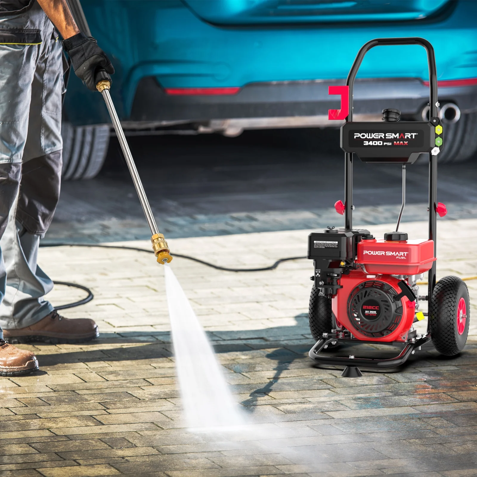 PowerSmart Gas Pressure Washer, 212cc, 3400PSI, 2.5GPM, 10-inch Wheel, for Cars/ Fences Cleaning - Image 4
