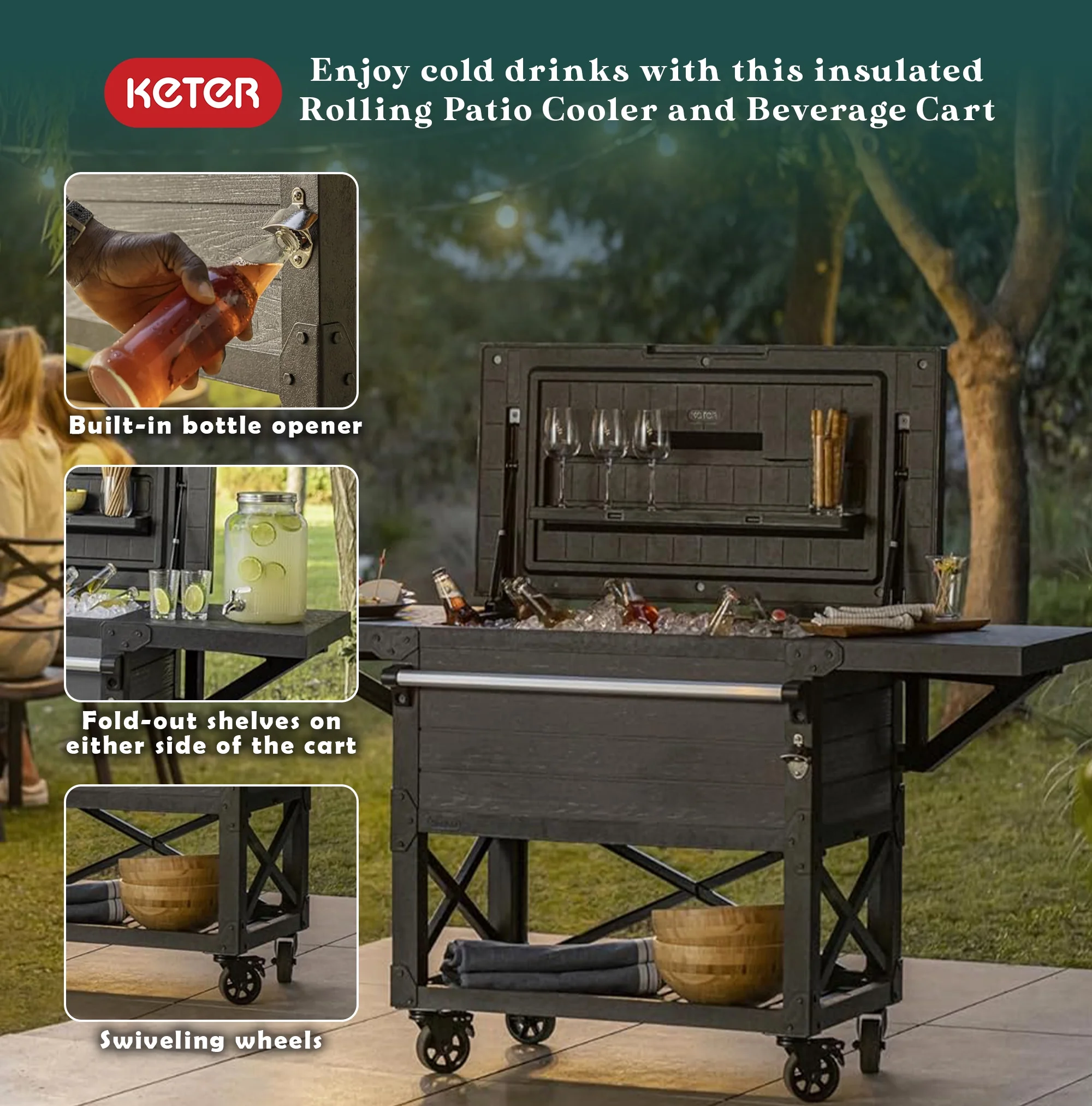 Open Box Keter Outdoor Patio Cooler Ice Chest Insulated Beverage Bar Cart, Gray - Image 3