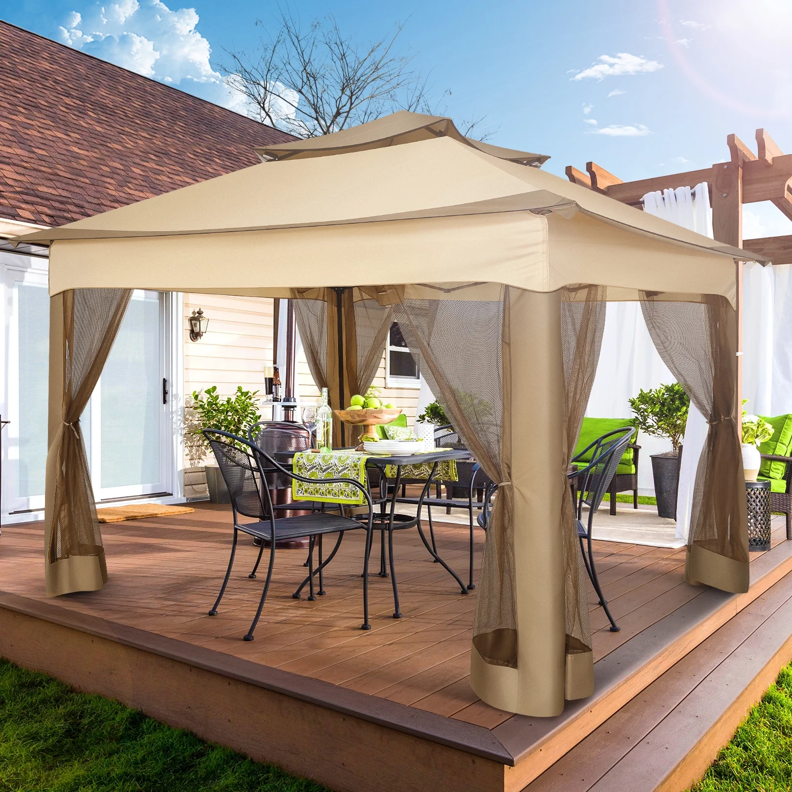COBIZI 11x11 Pop up Gazebo Outdoor Canopy Gazebo Patio Gazebo with Mosquito Netting Canopy Shelter with 121 Square feet of Shade for Poolside, Garden, Party and Backyard, Khaki - Image 15