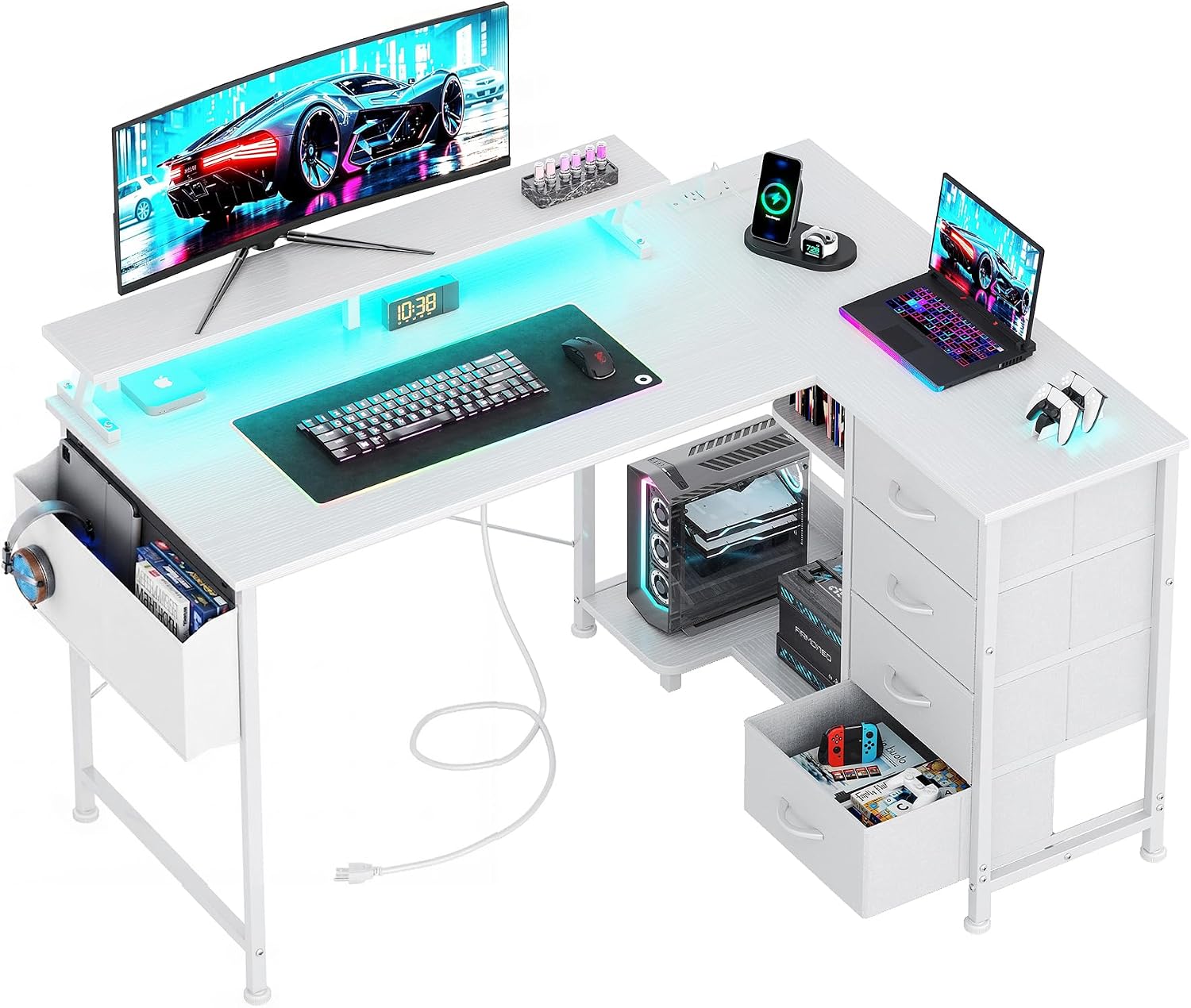 47" Reversible L Shaped Gaming Computer Desk, Corner Desk with Power Outlets & Monitor Stand, Writing Study Table with 4 Storage Drawers, Desk with LED Lights, White