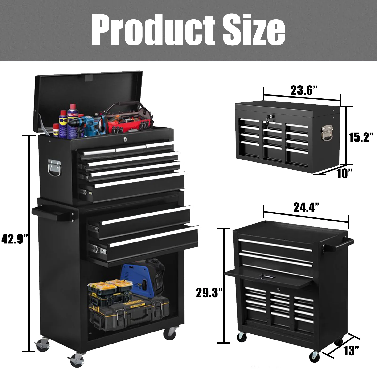 Artbros 8-Drawer Rolling Tool Chest, Large Tool Cabinet with Wheels, Detachable Toolbox Storage for Garage, Repair Shop, Workshop, Black - Image 9