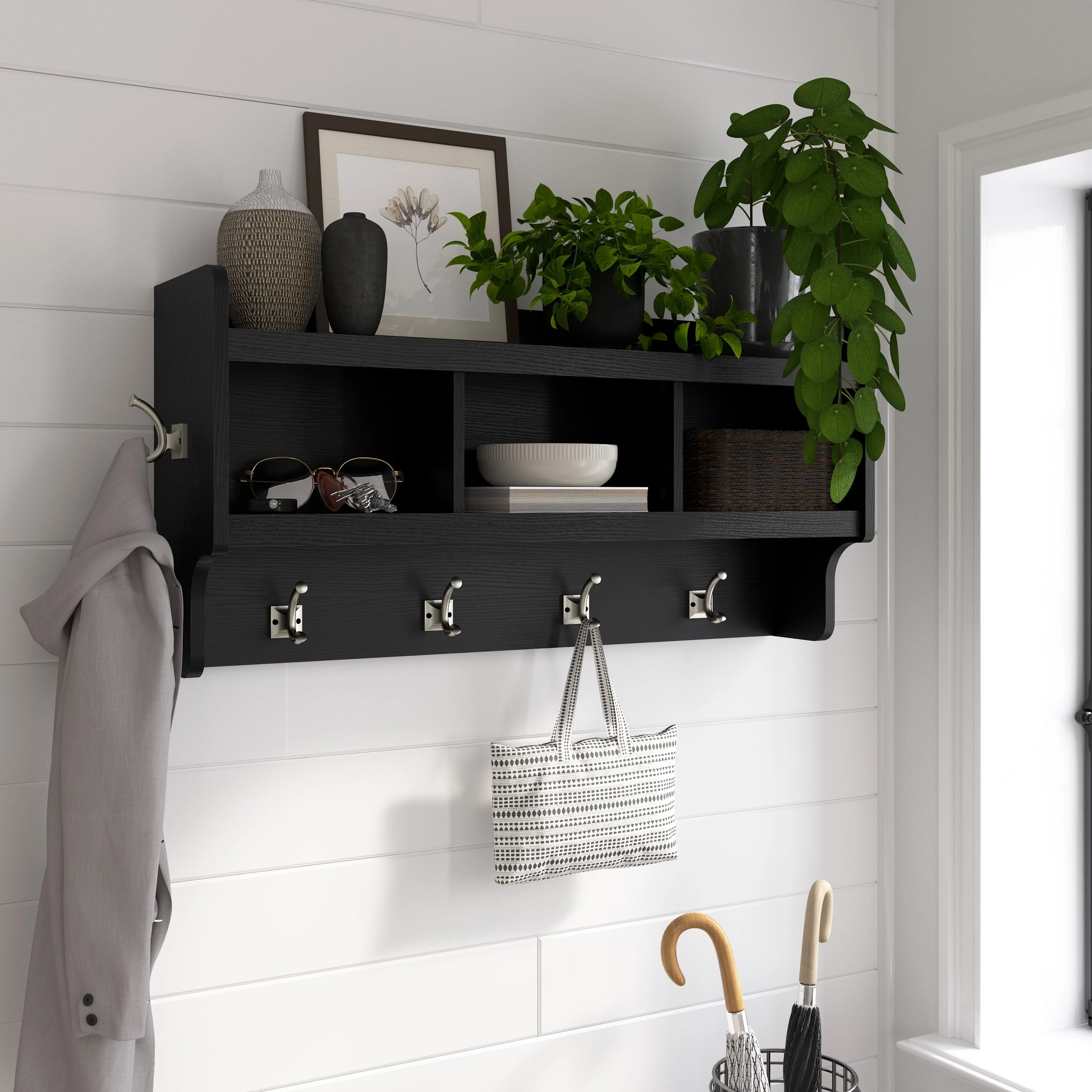 40 Inch Wall Mounted Coat Rack with Shelf, Wooden Entryway Storage and Hanging Organizer - Image 5