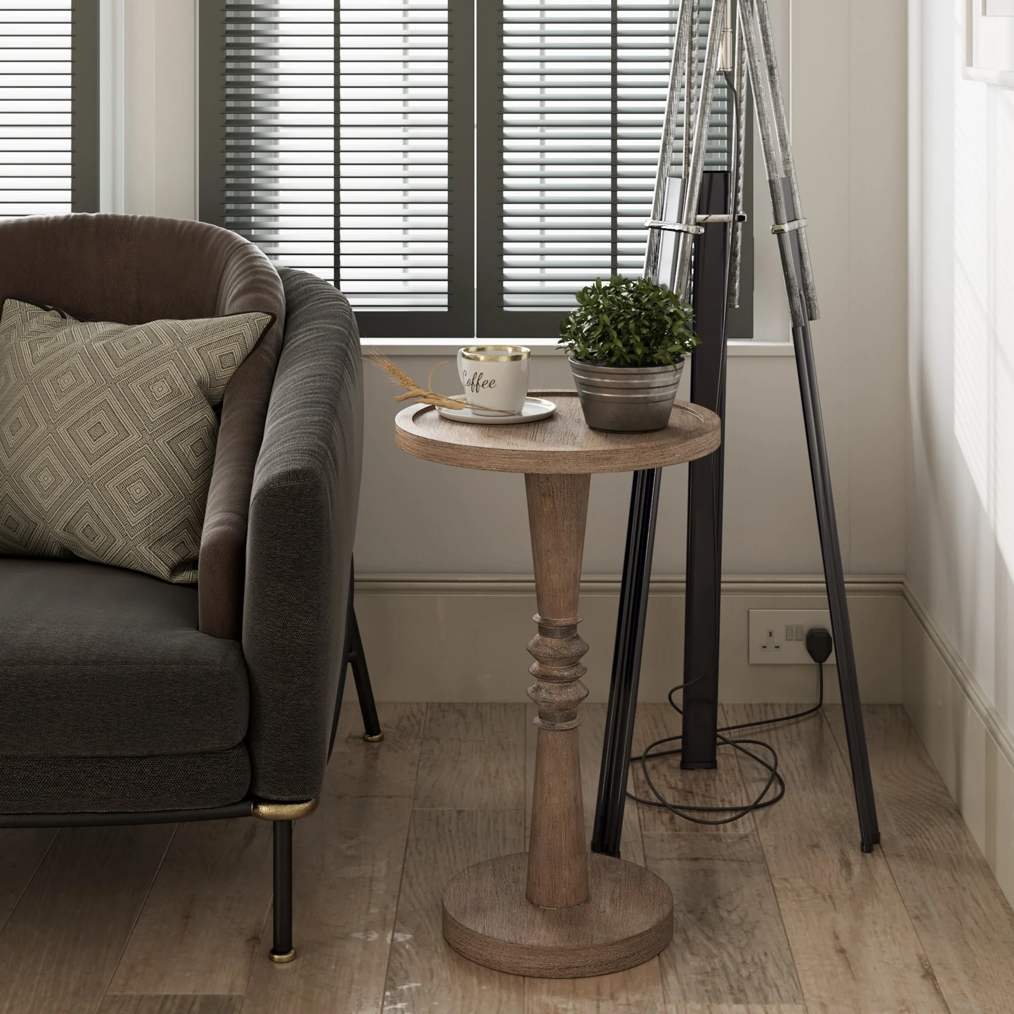 Small Pedestal End Table with Tray Top, Farmhouse Distressed Finish Accent Table - Image 3