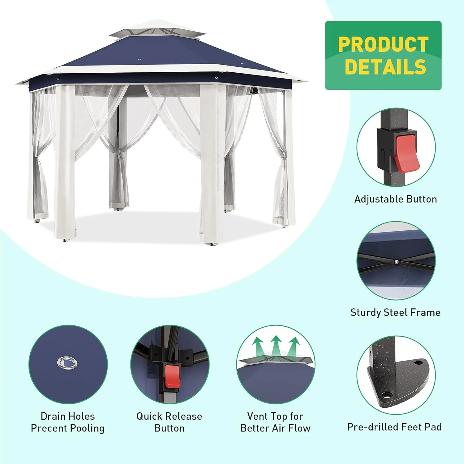 Pop Up Gazebo 13x13ft, Hexagonal Outdoor Canopy Shelter, Instant Patio Gazebo Tent with Mesh Netting and Strong Steel Frame for Patio Backyard Garden Wedding Party - Image 23