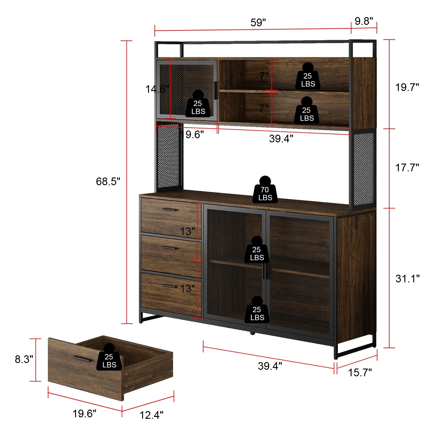 WIAWG Garage Cabinet with 3 Drawers and Metal Mesh Door, Industrial Mutifunctional Tool Storage Cabinet for Warehouse, Basement, Home Office (Walnut) - Image 8