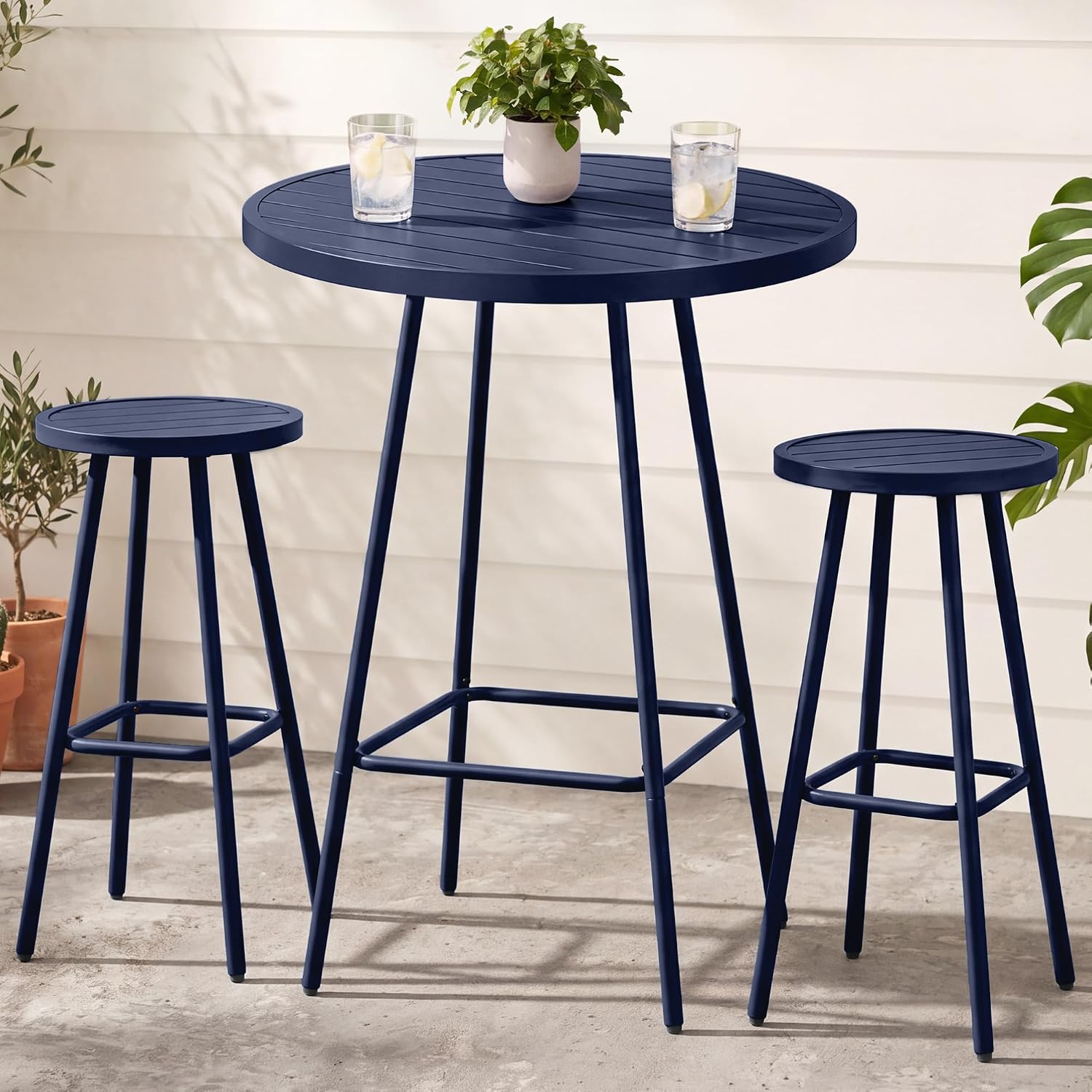 3-Piece Patio Dining Set, Bar Height, Outdoor Bistro Set, Outdoor Round Bar Table w/ 2 Bar Stools, Steel - White - Image 7